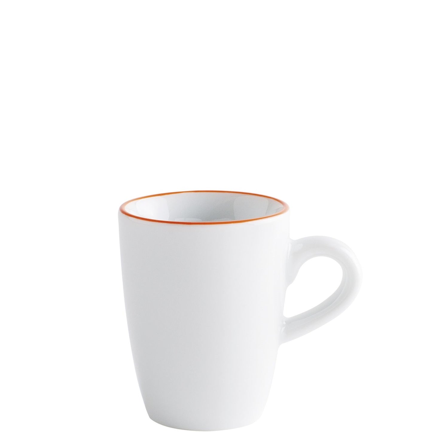 Weiße Tasse mit rotem Rand.