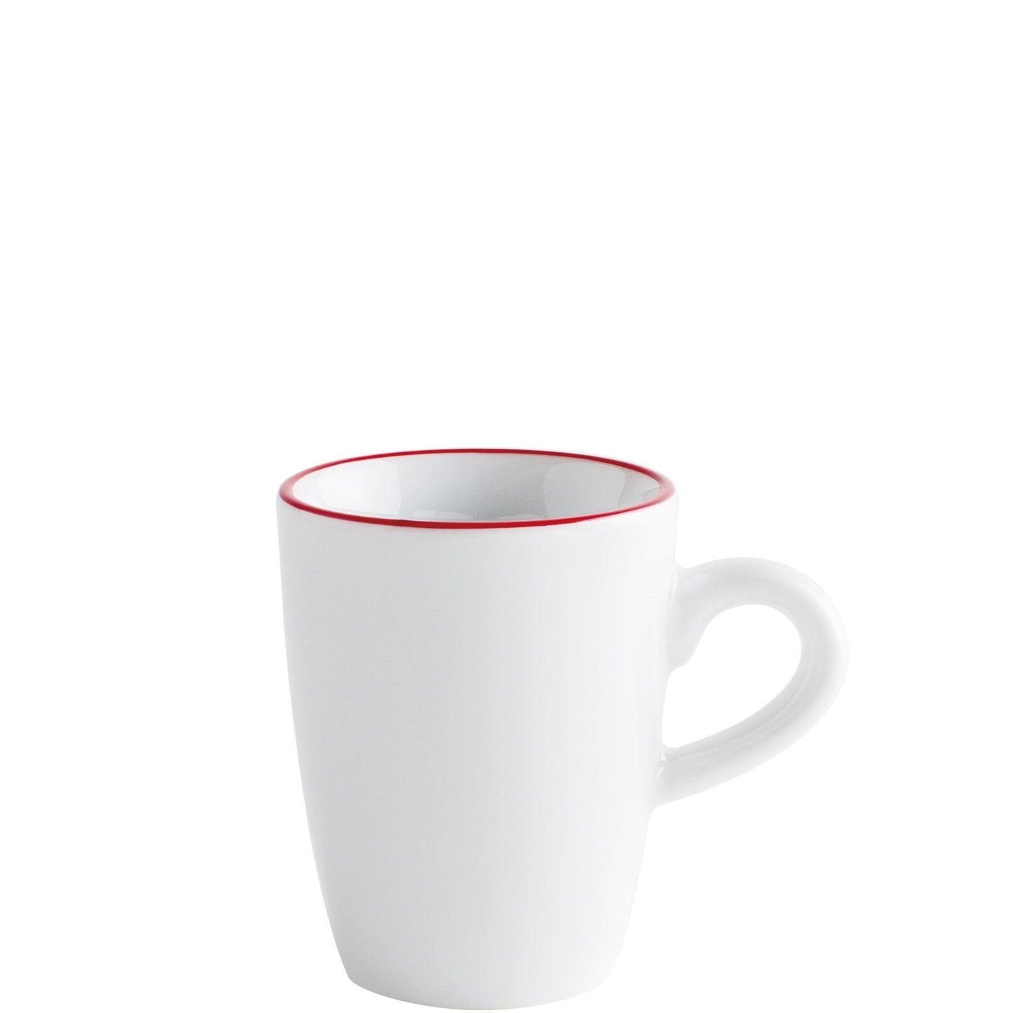 Weiße Tasse mit rotem Rand.