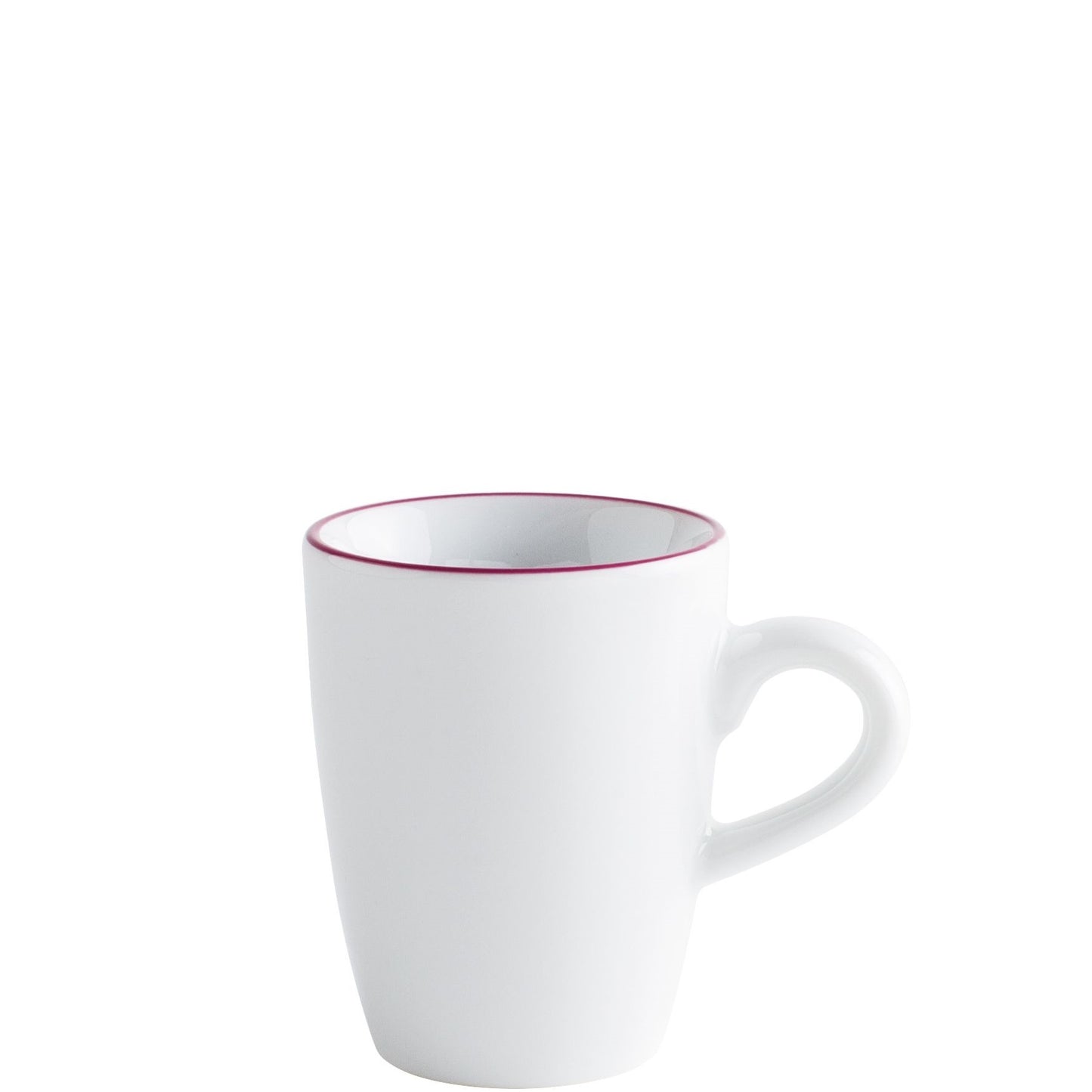 Weiße Tasse mit rotem Rand.