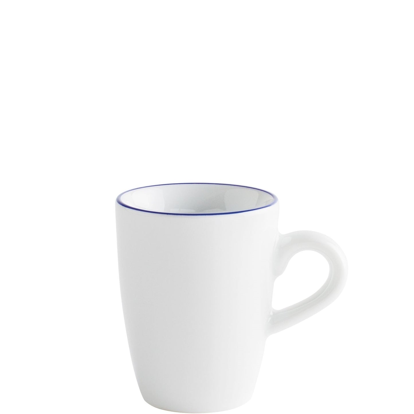 Weiße Tasse mit blauem Rand.