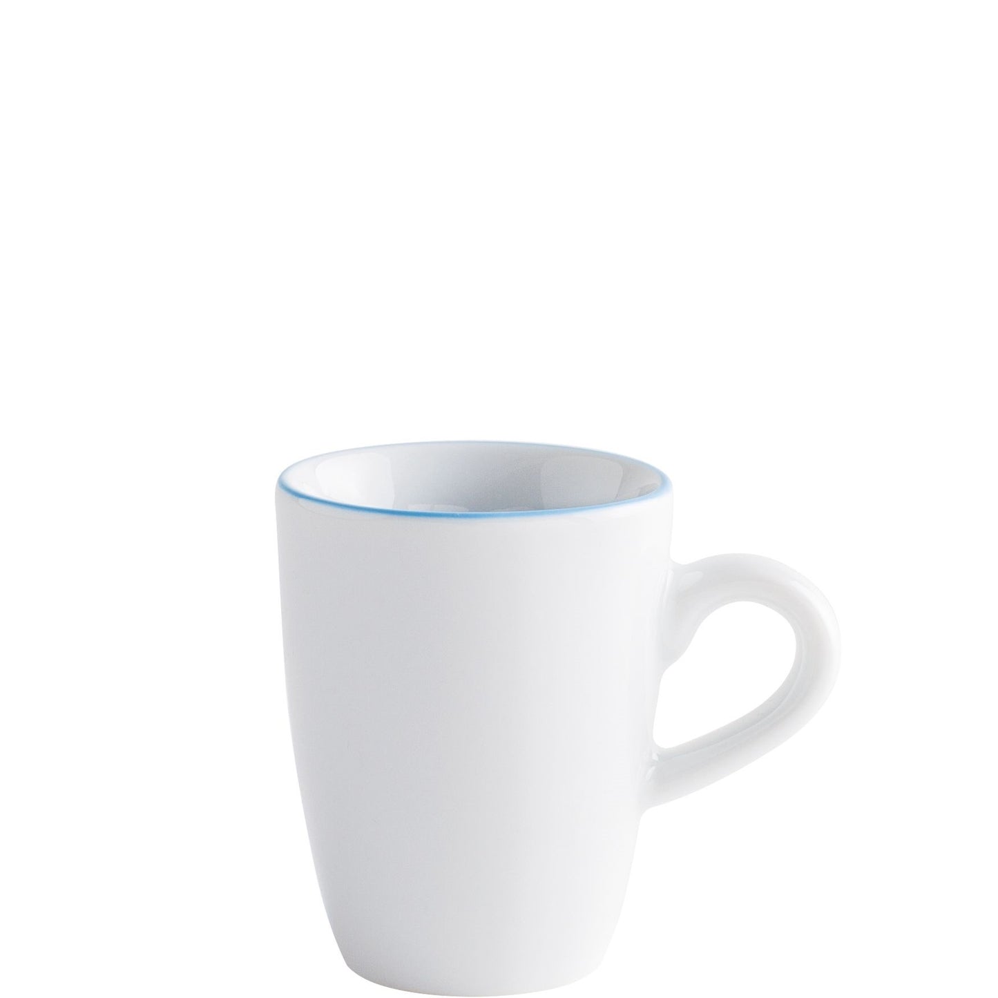 Weiße Tasse mit blauem Rand.