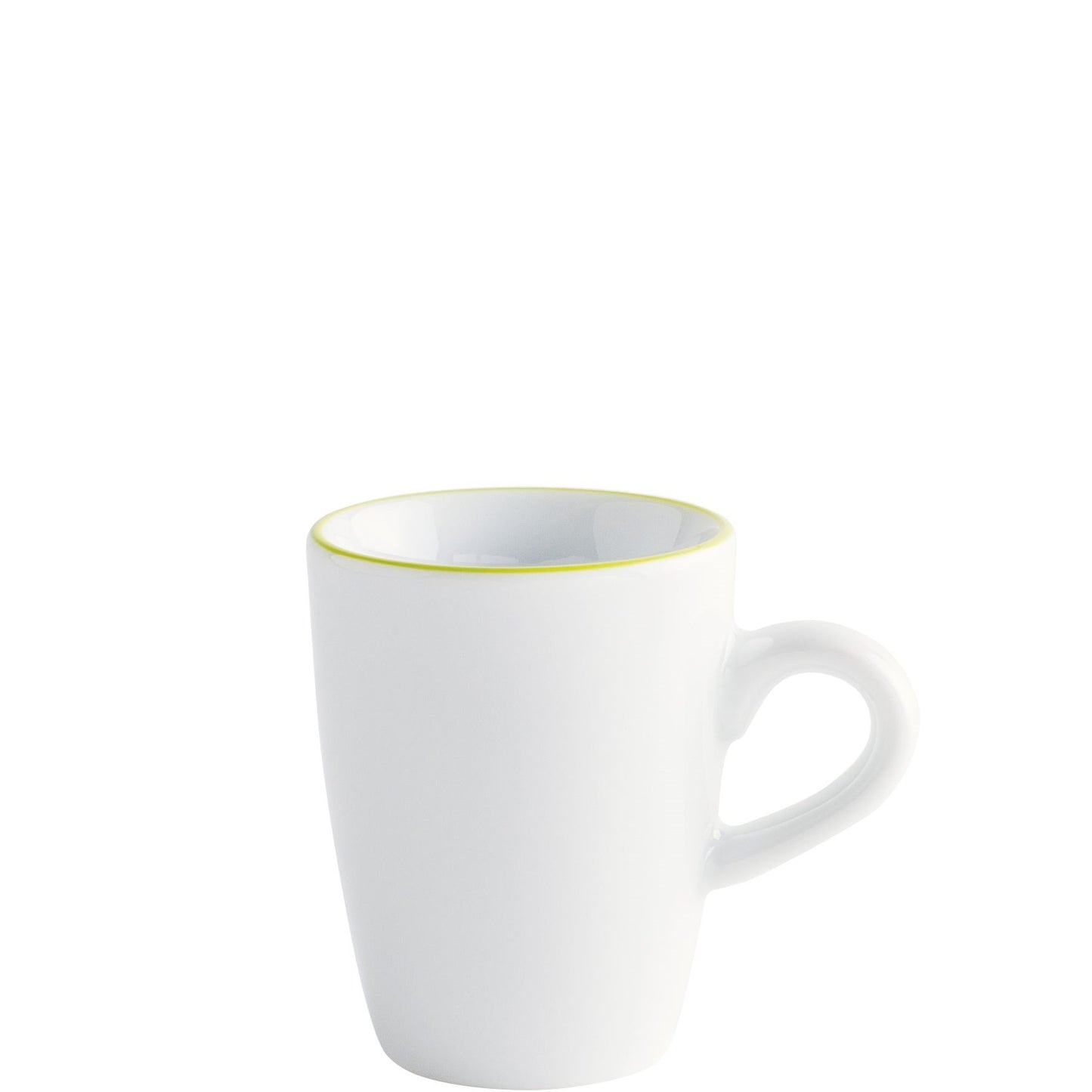 Weiße Tasse mit gelbem Rand.