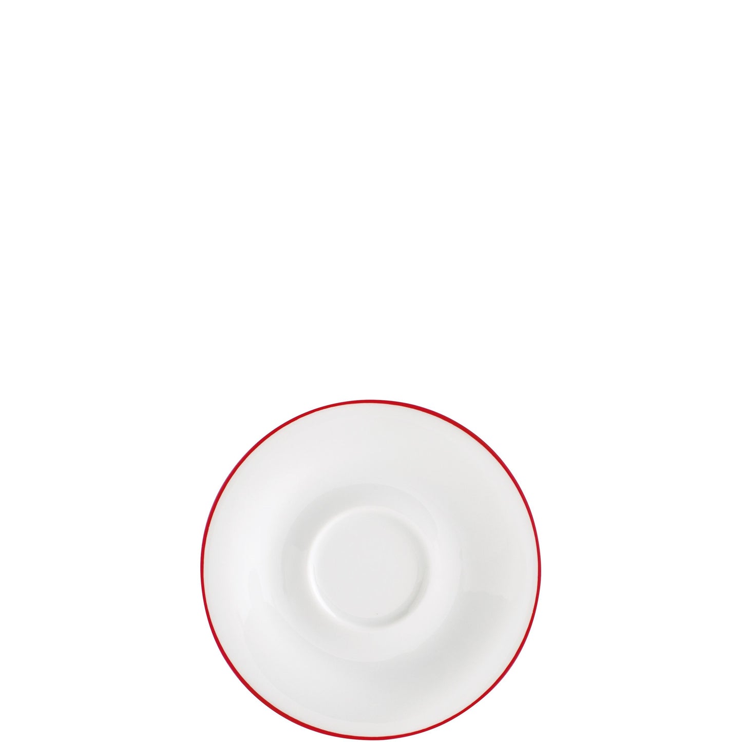Weiße Untertasse mit rotem Rand.