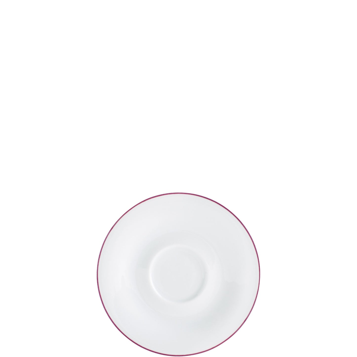Weiße Untertasse mit rotem Rand.