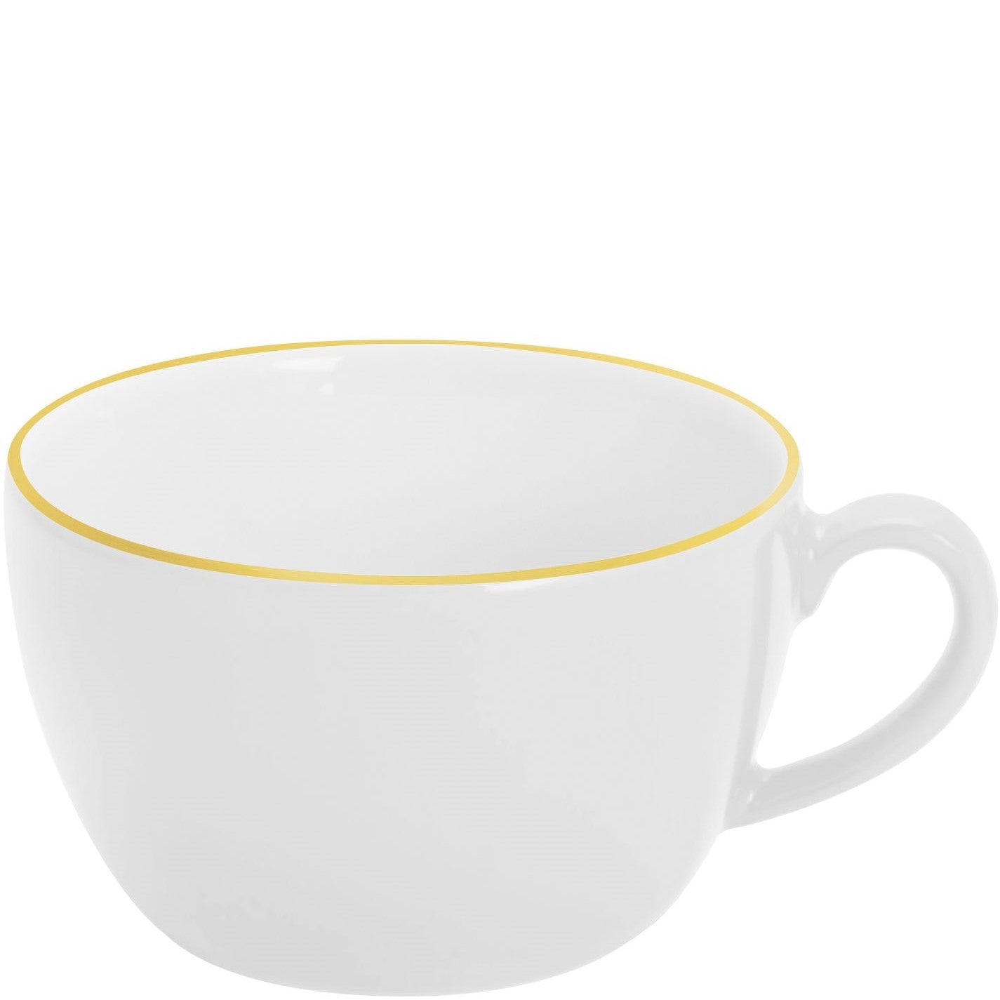 Weiße Tasse mit gelbem Rand.