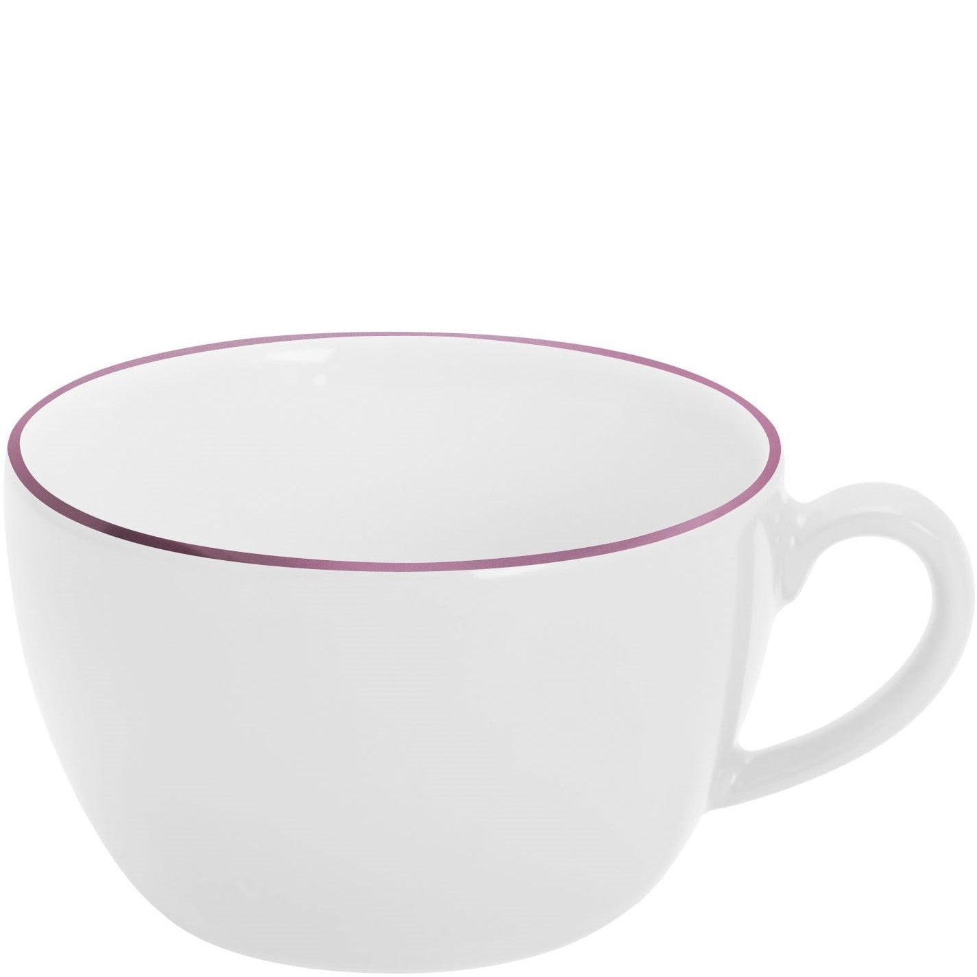Weiße Tasse mit lila Rand.