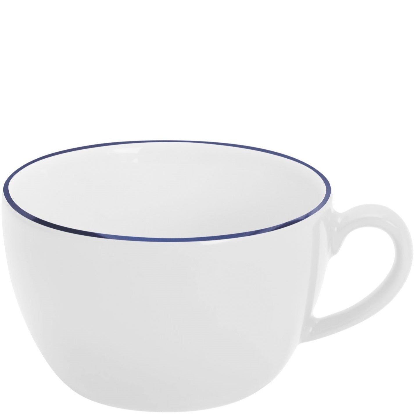 Weiße Tasse mit blauem Rand.