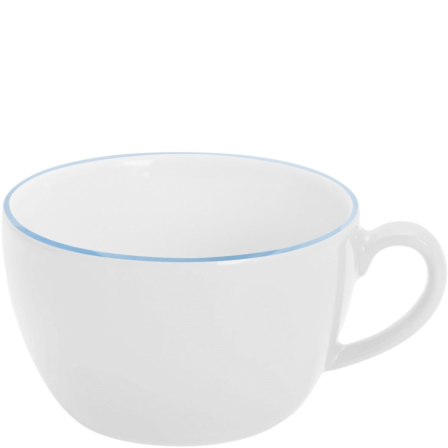 Weiße Tasse mit blauem Rand.