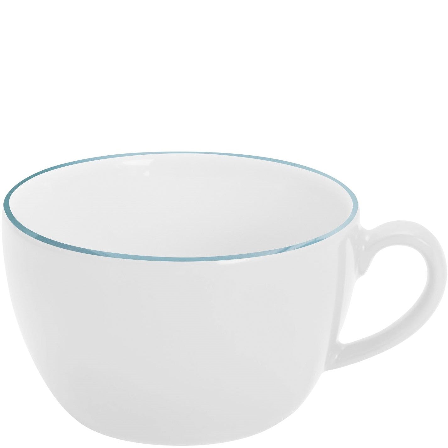 Weiße Tasse mit blauem Rand.