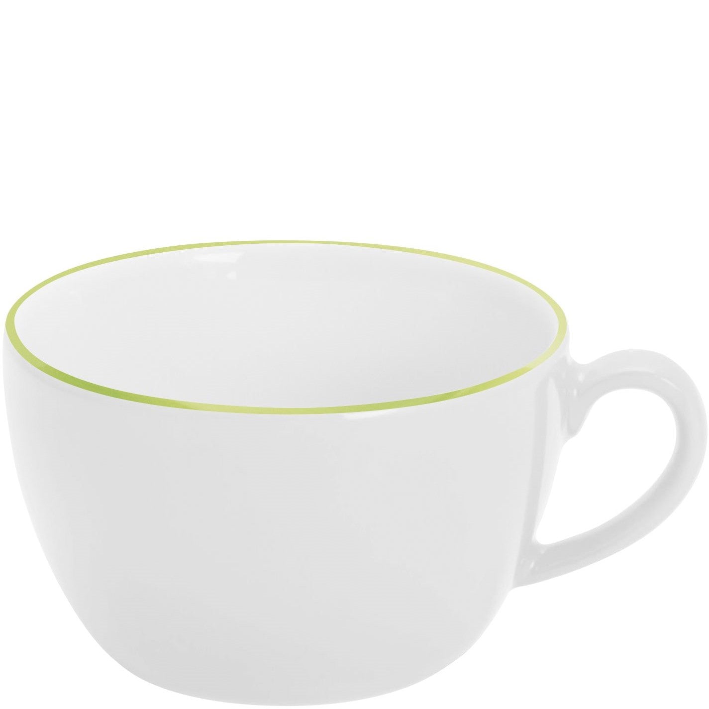 Weiße Tasse mit grünem Rand.