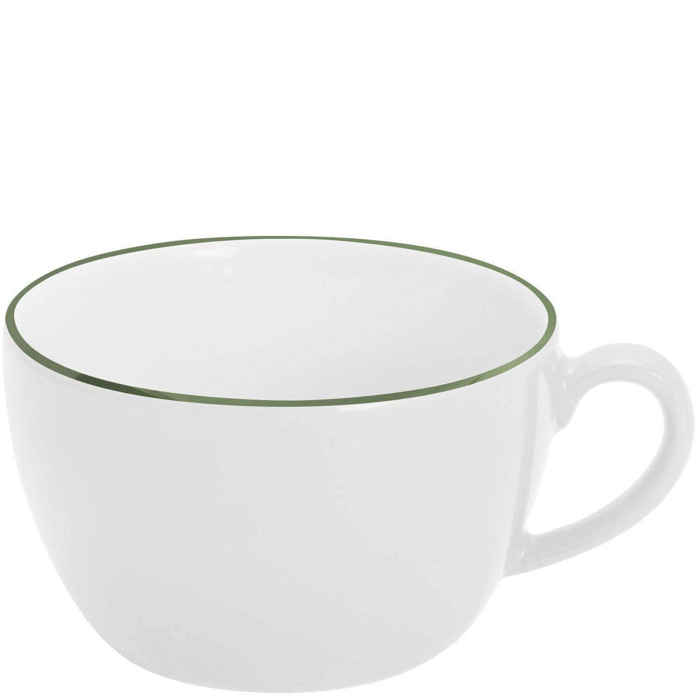 Weiße Tasse mit grünem Rand.