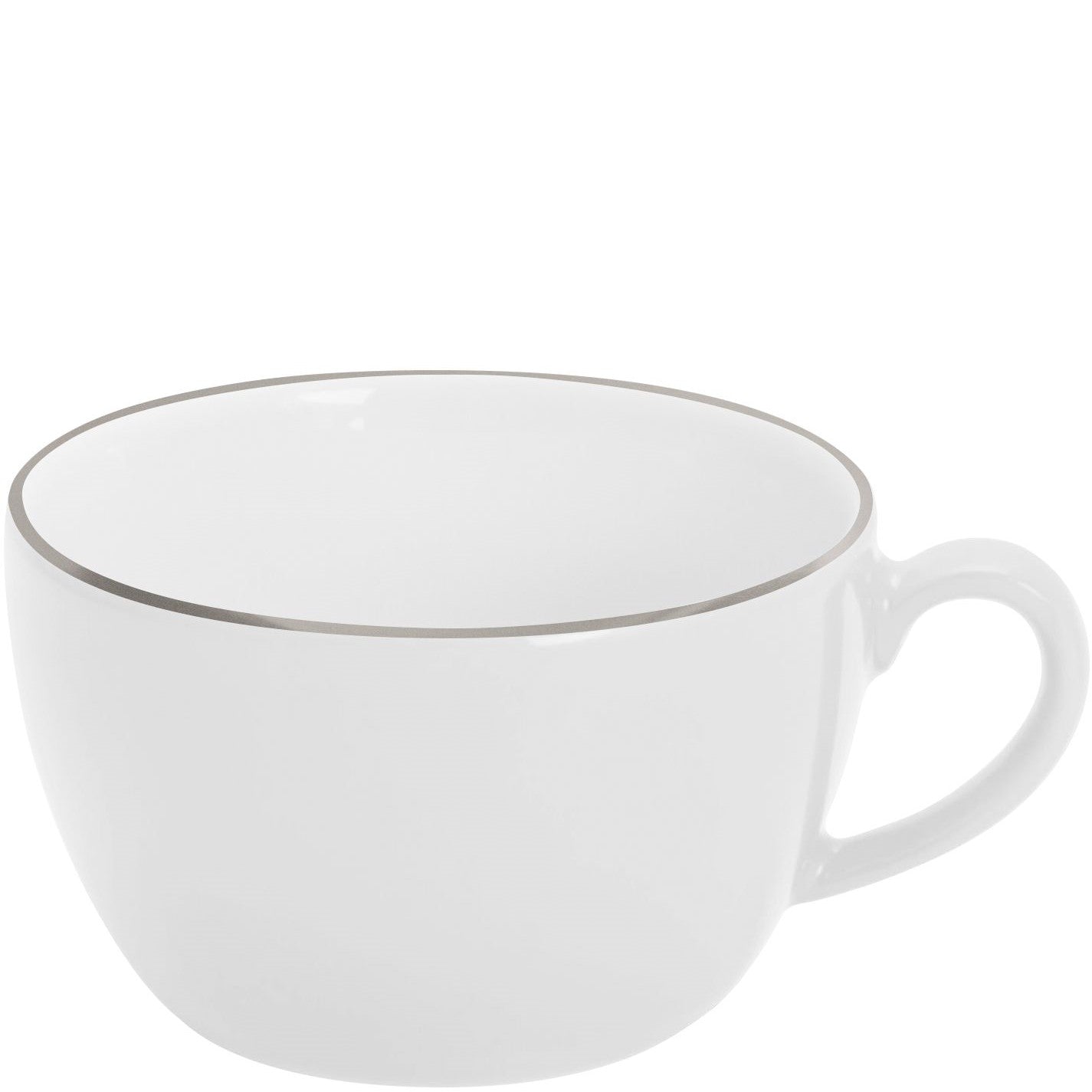 Weiße Tasse mit grauem Rand.