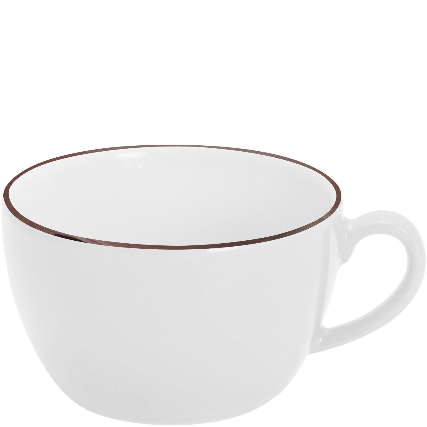 Weiße Tasse mit braunem Rand.