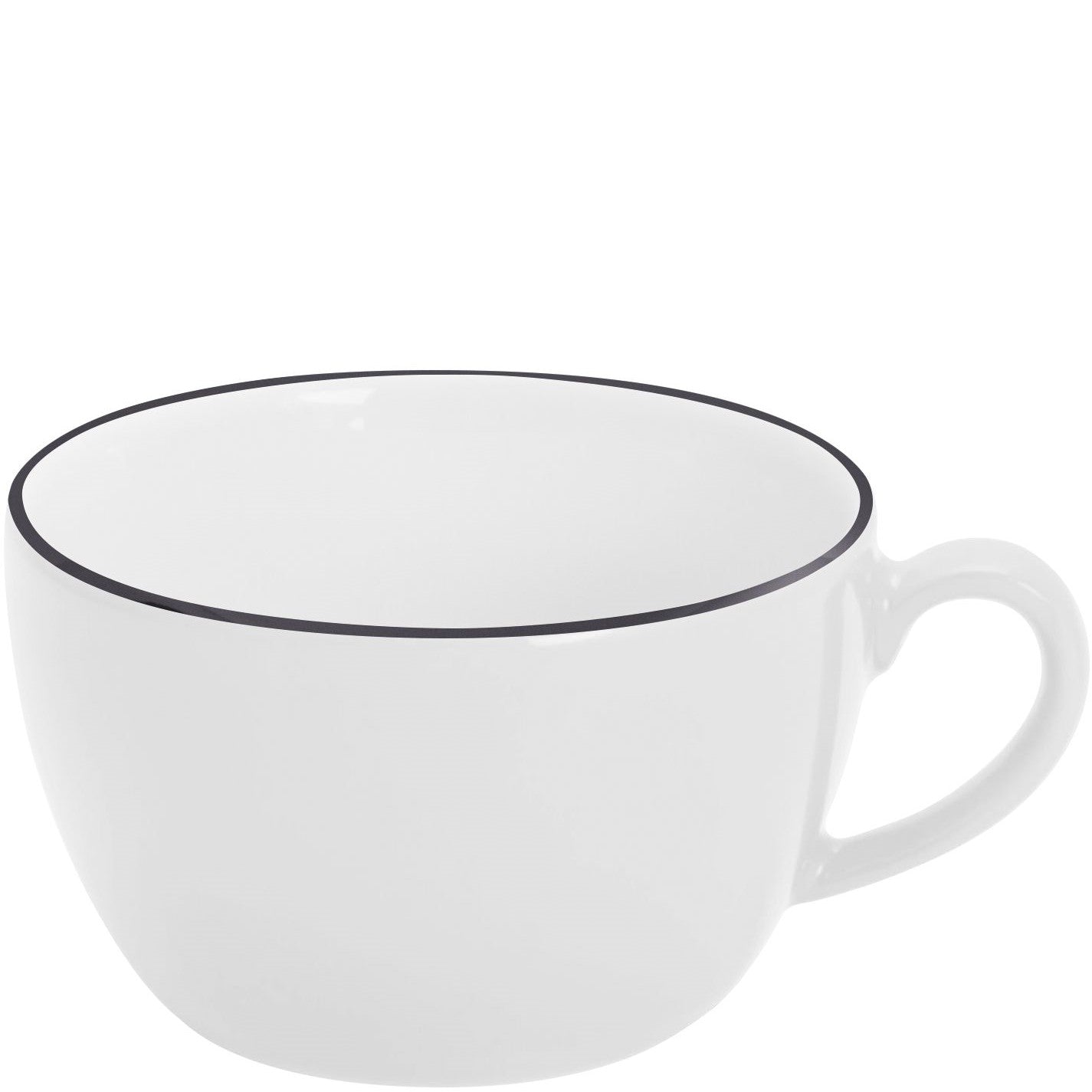 Weiße Tasse mit schwarzem Rand.