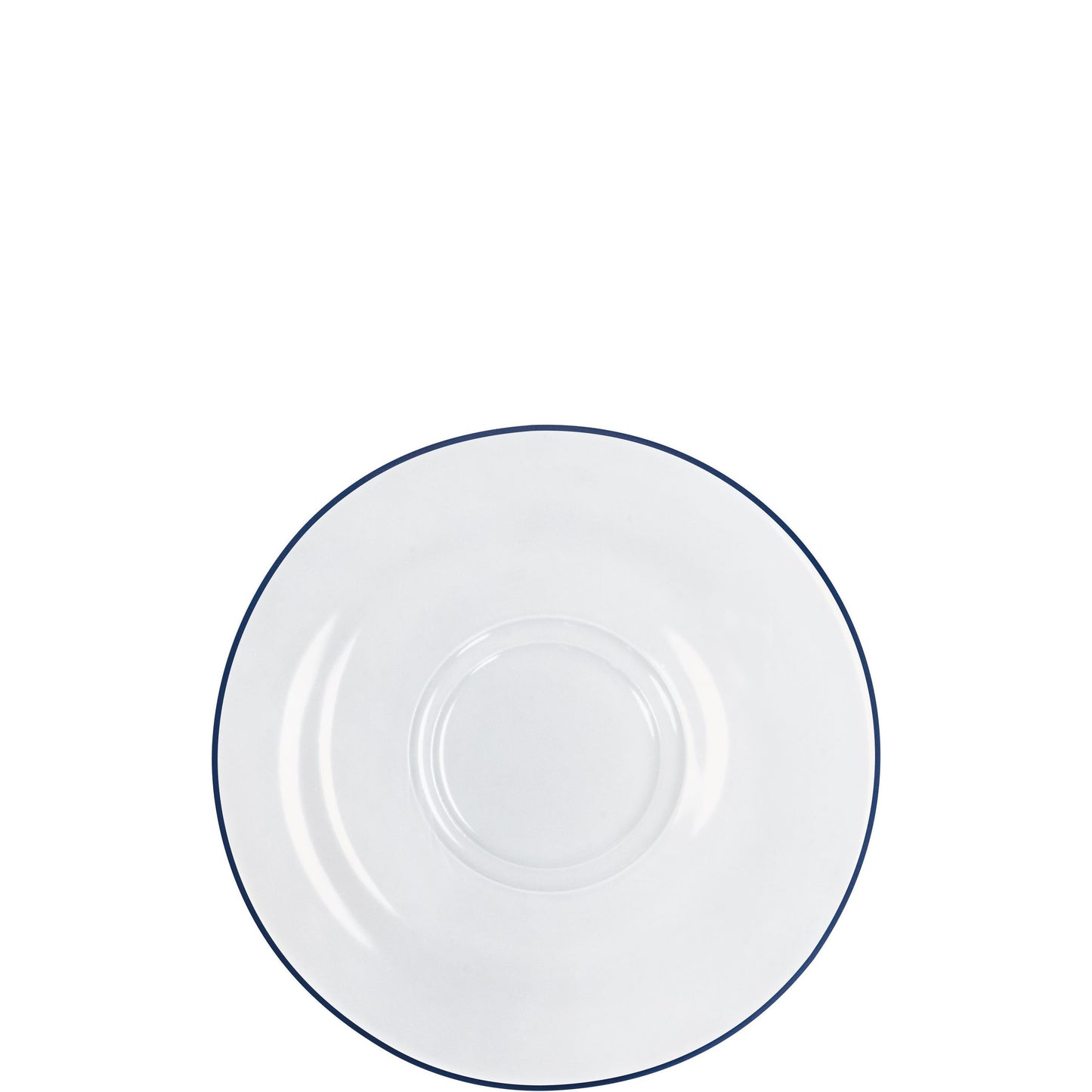 Weiße Untertasse mit blauem Rand.