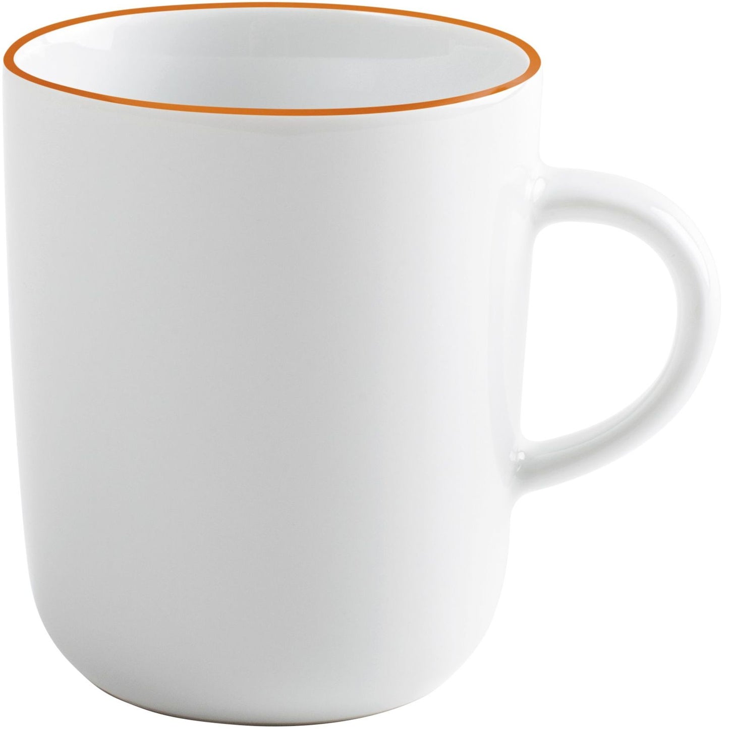 Weiße Tasse mit orangem Rand.