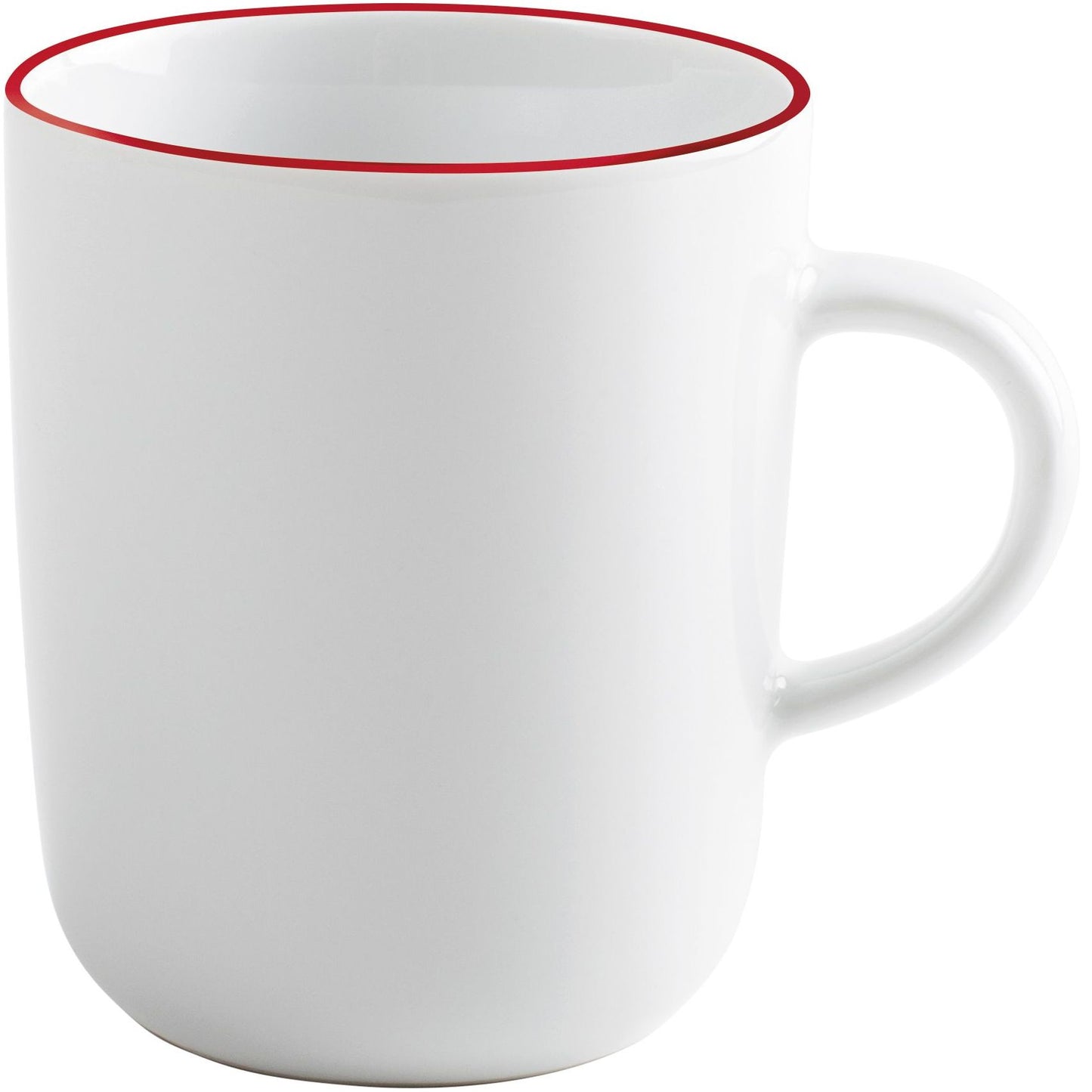 Weiße Tasse mit rotem Rand.