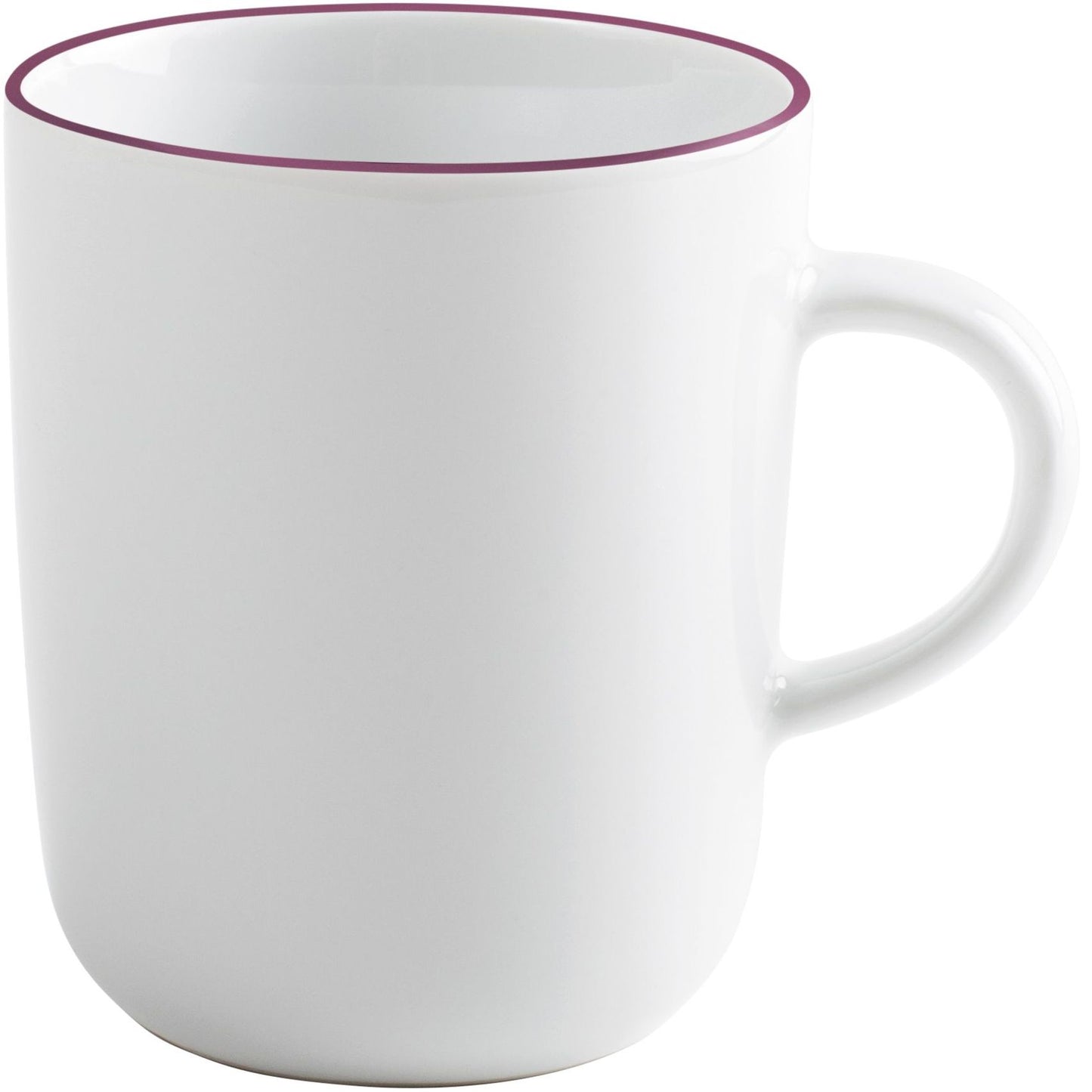 Weiße Tasse mit lila Rand.
