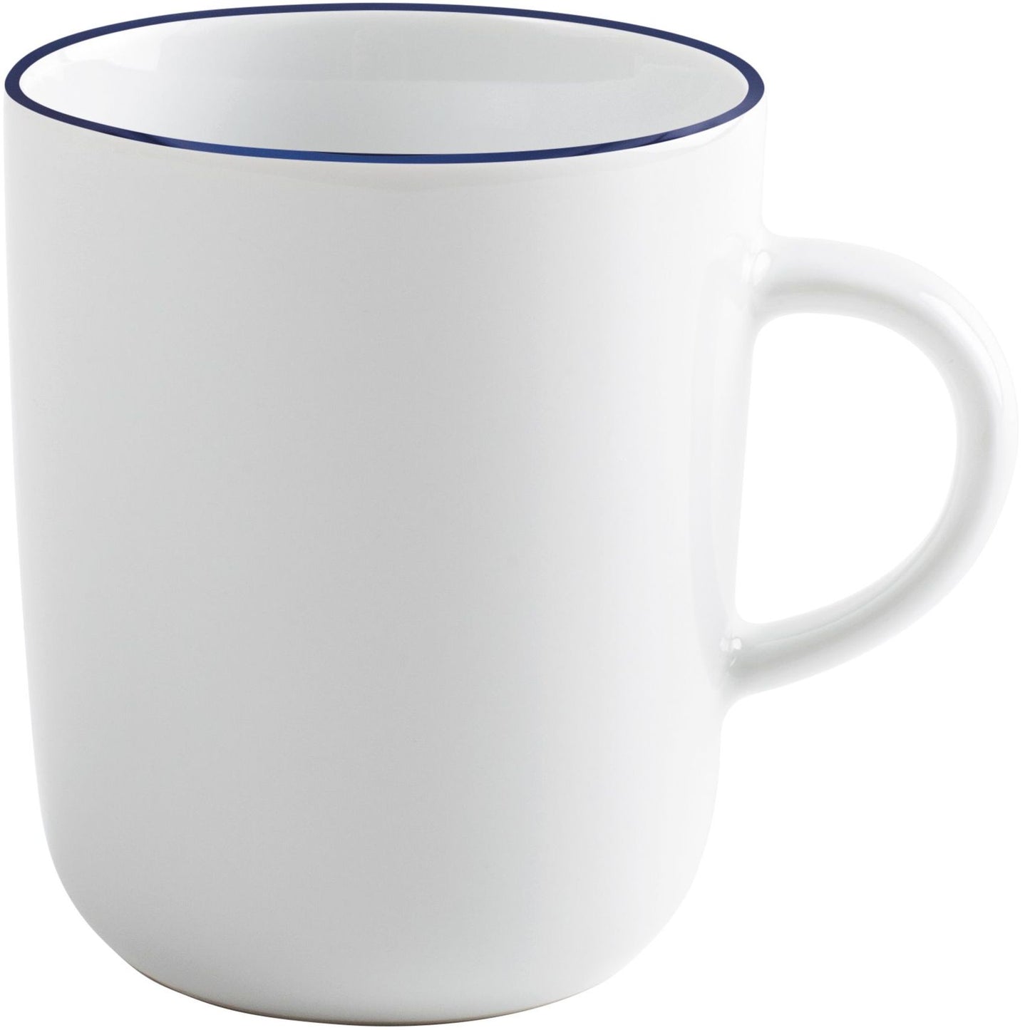 Weiße Tasse mit blauem Rand.