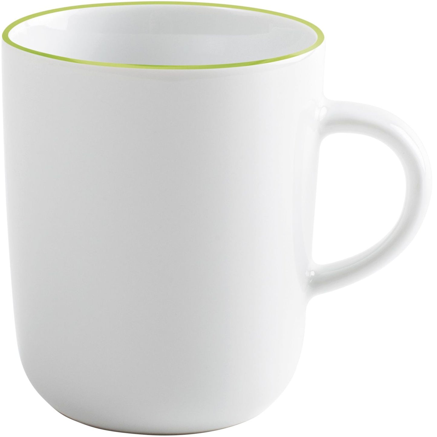 Weiße Tasse mit grünem Rand.