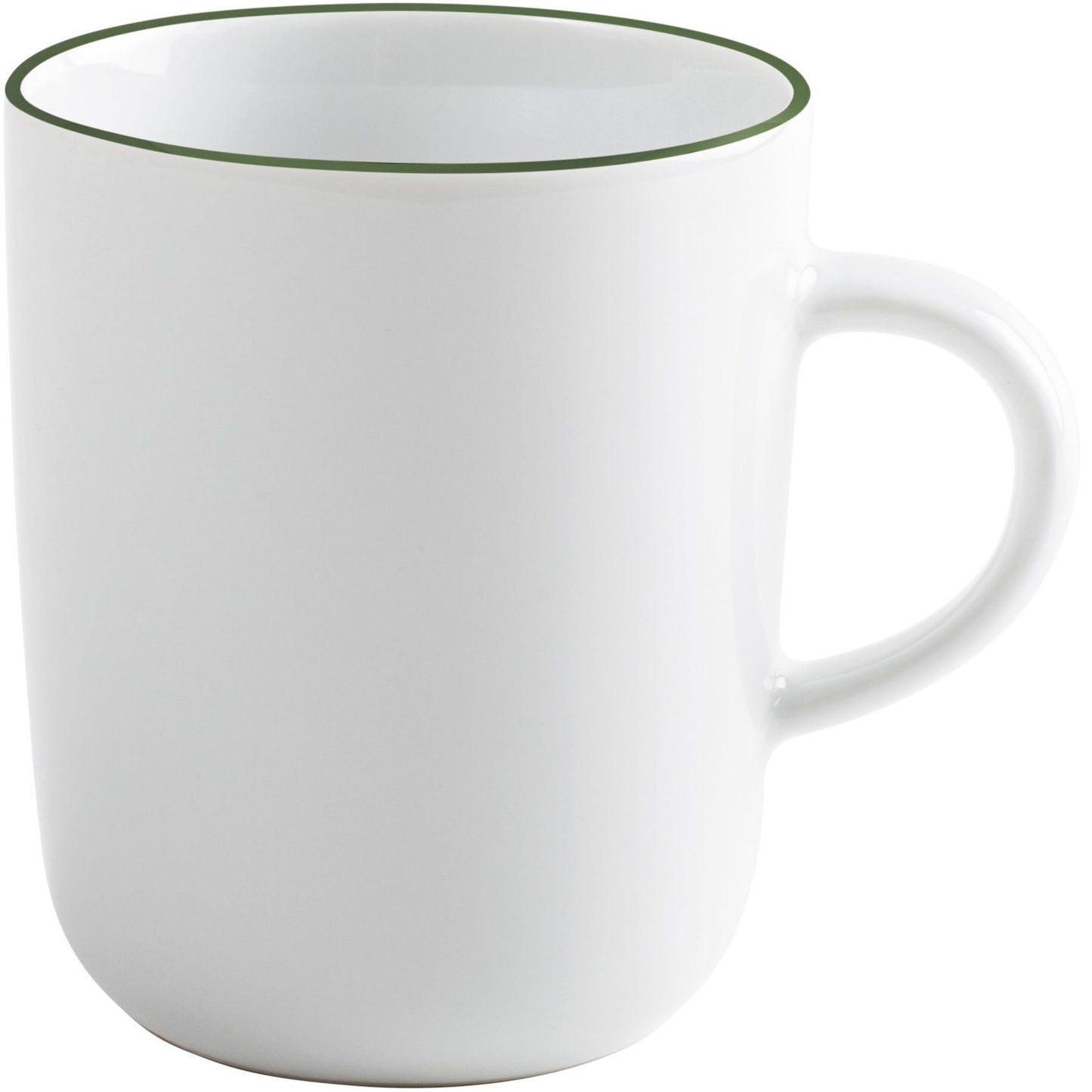 Weiße Tasse mit grünem Rand.