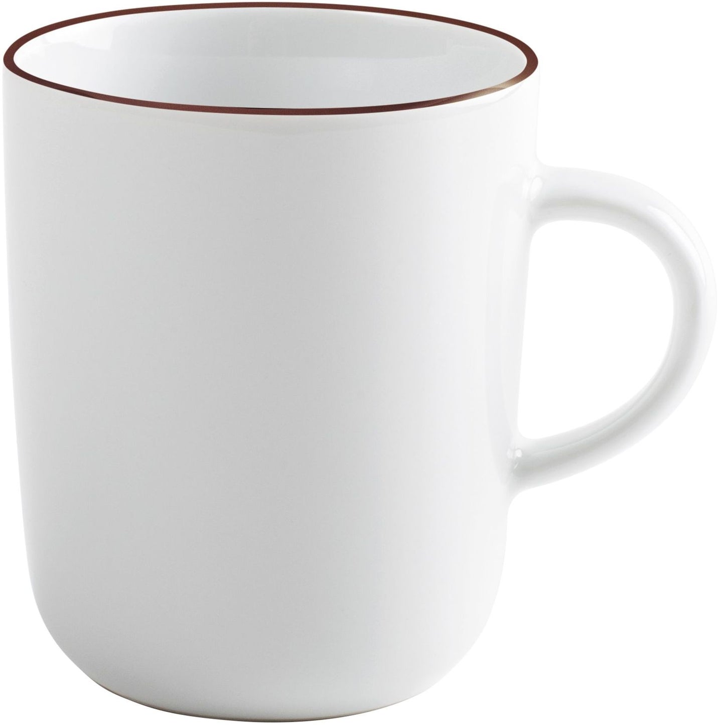 Weiße Tasse mit braunem Rand.