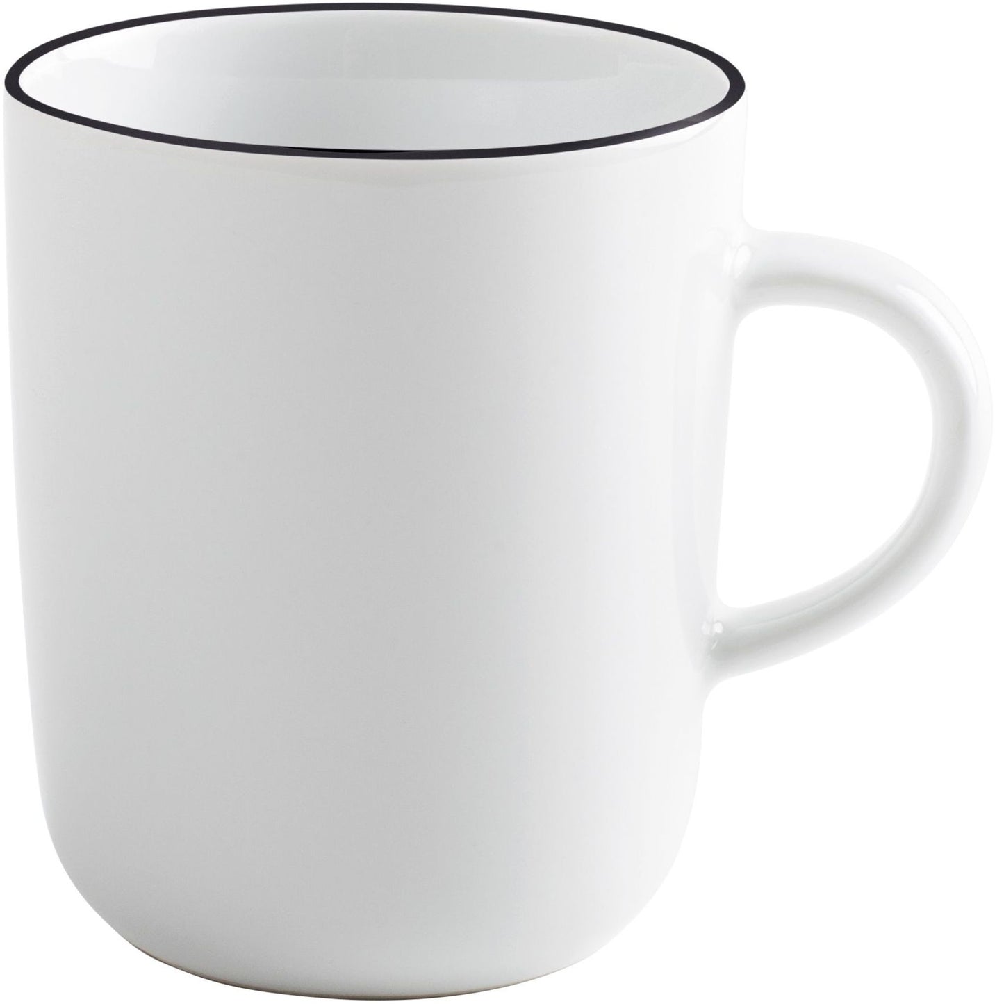 Weiße Tasse mit schwarzem Rand.