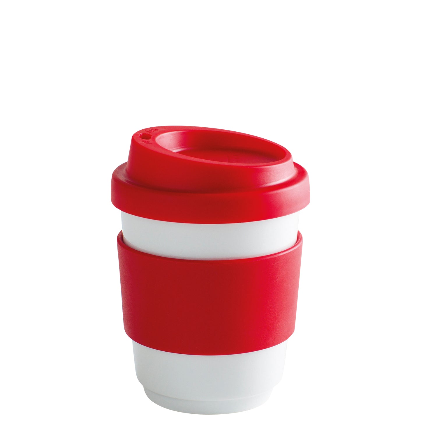 Weißer Becher mit rotem Deckel.