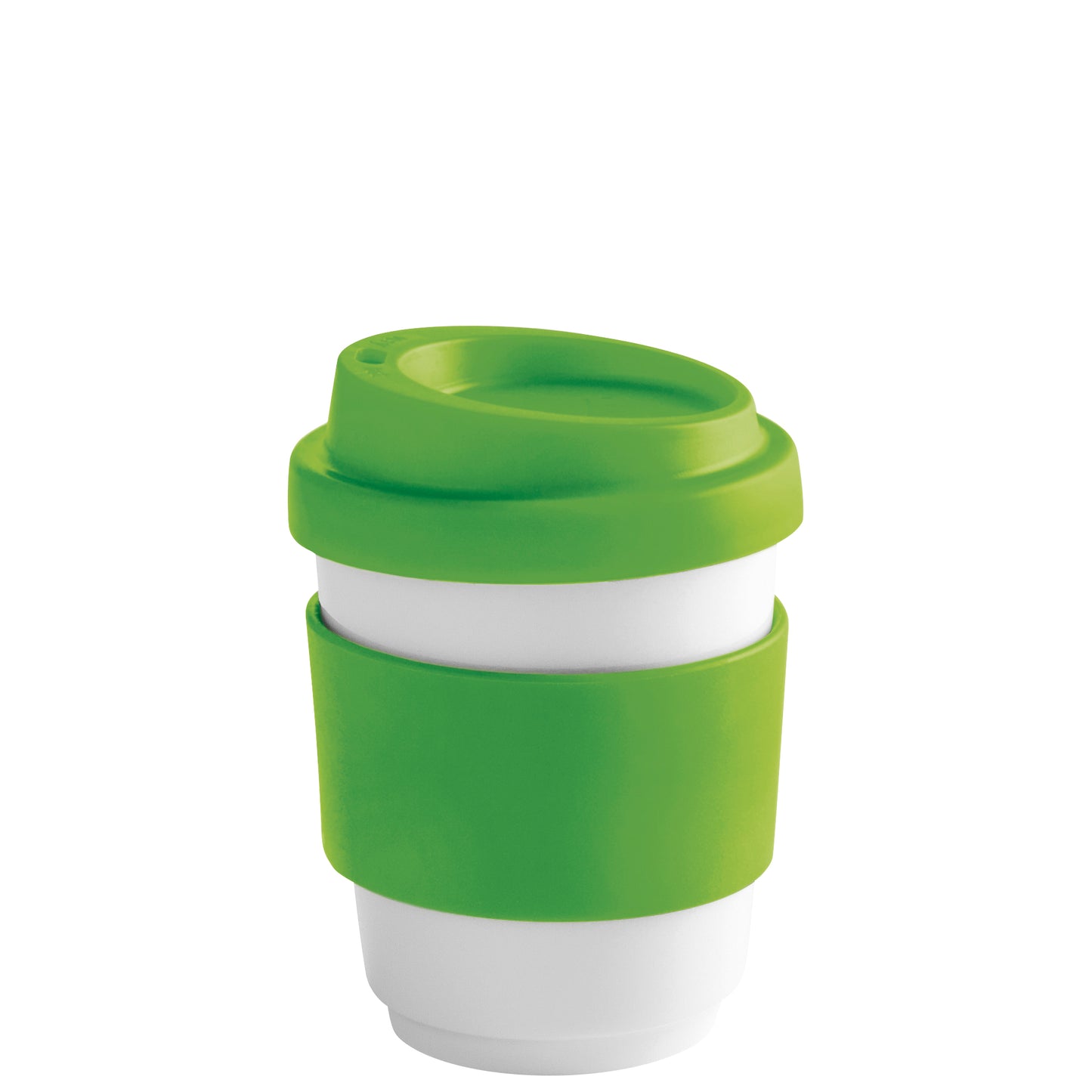 Grüner Mehrwegbecher mit Deckel.
