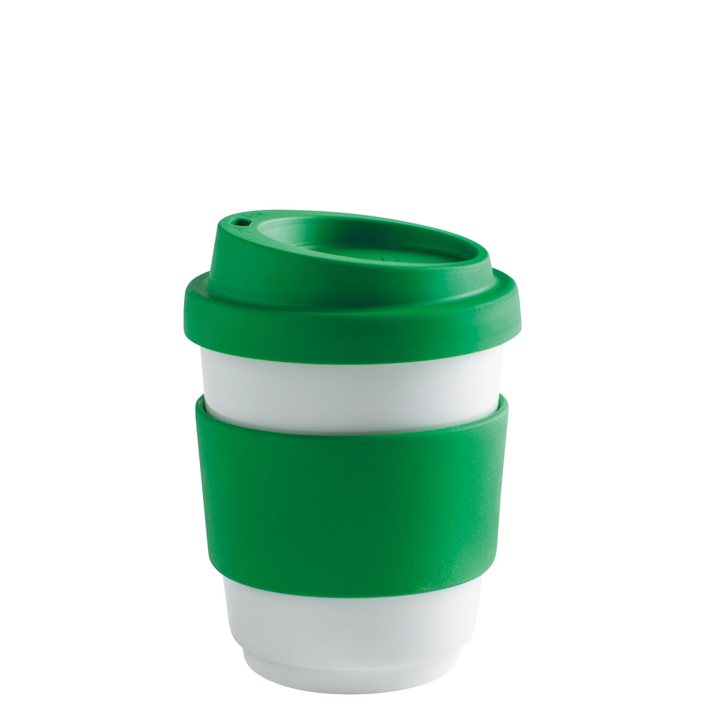 Grüner Mehrwegbecher mit Deckel.