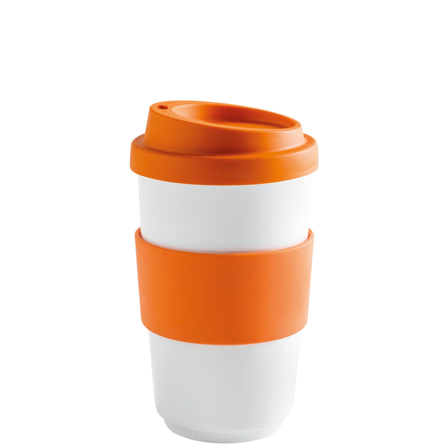 Weißer Becher mit orangem Deckel.