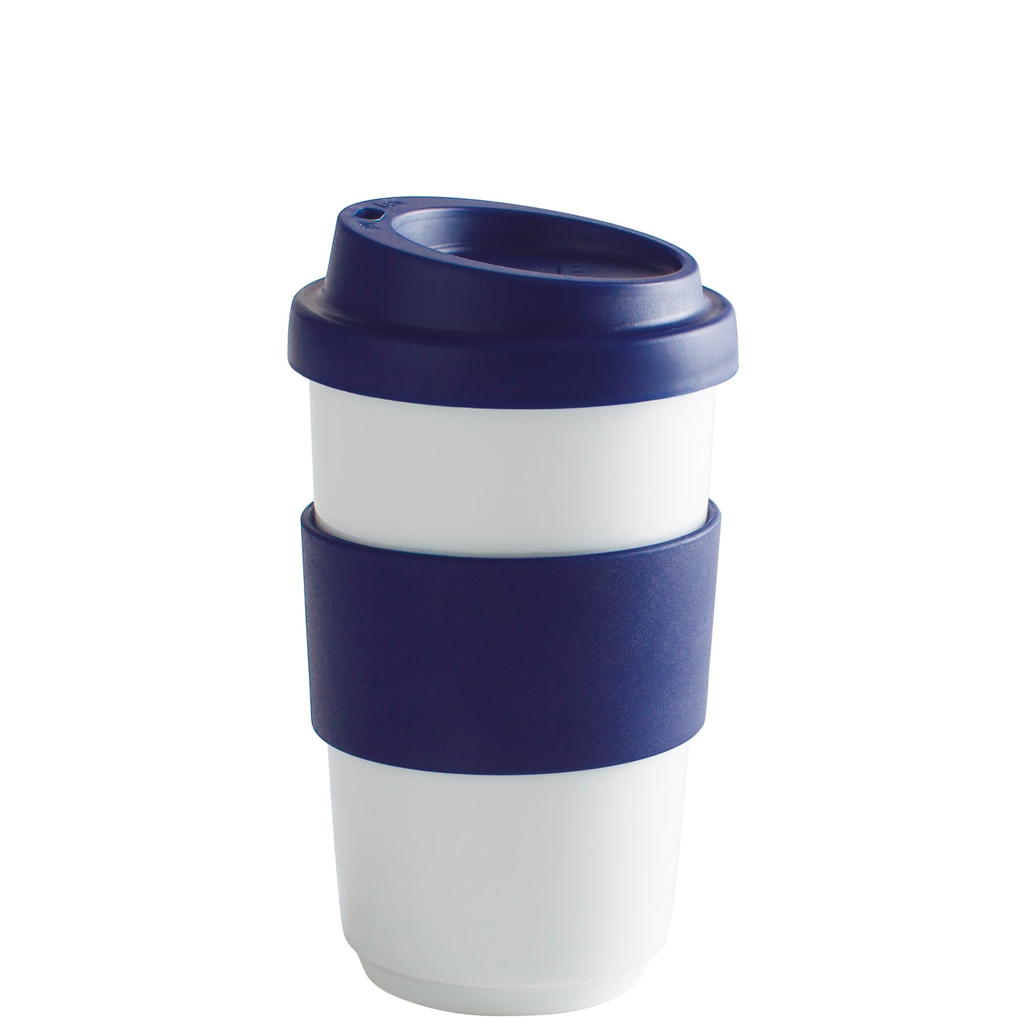 Weißer Becher mit blauem Deckel.