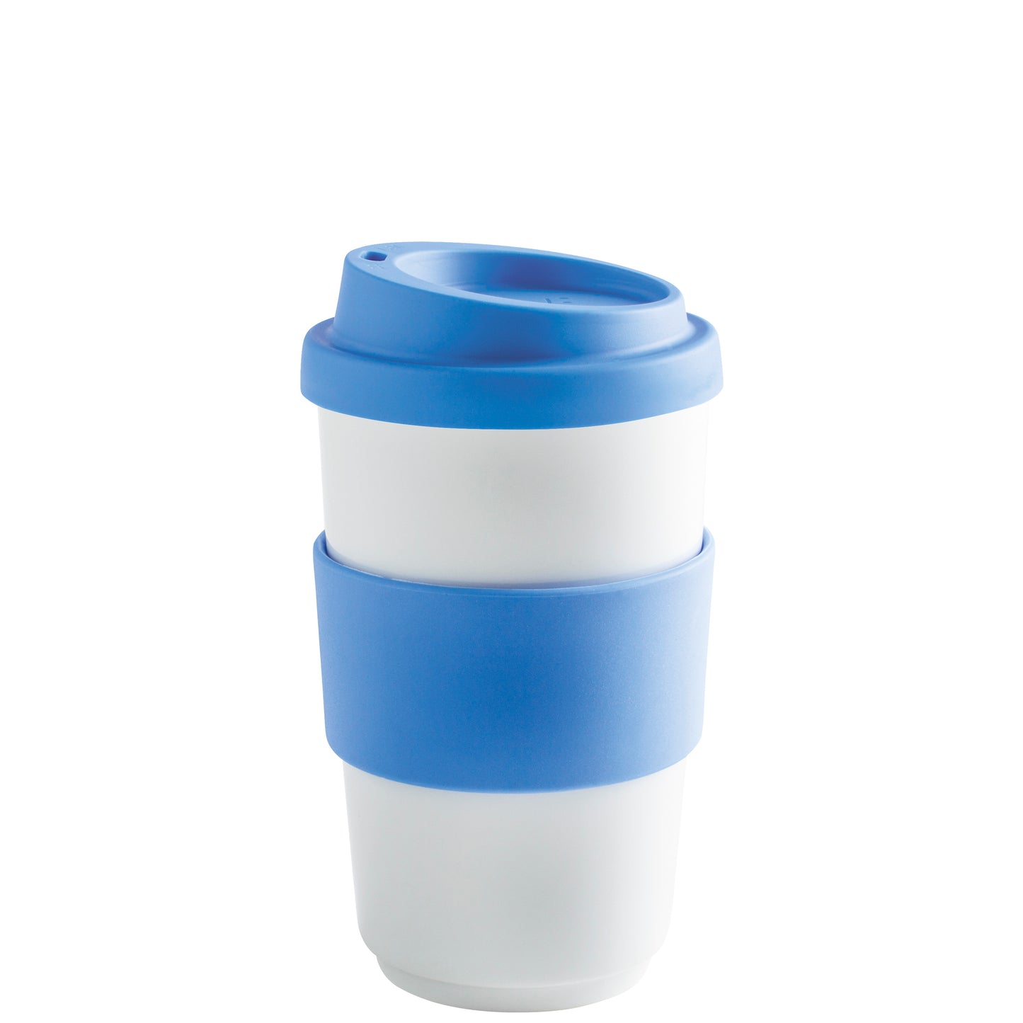 Weißer Becher mit blauem Deckel.