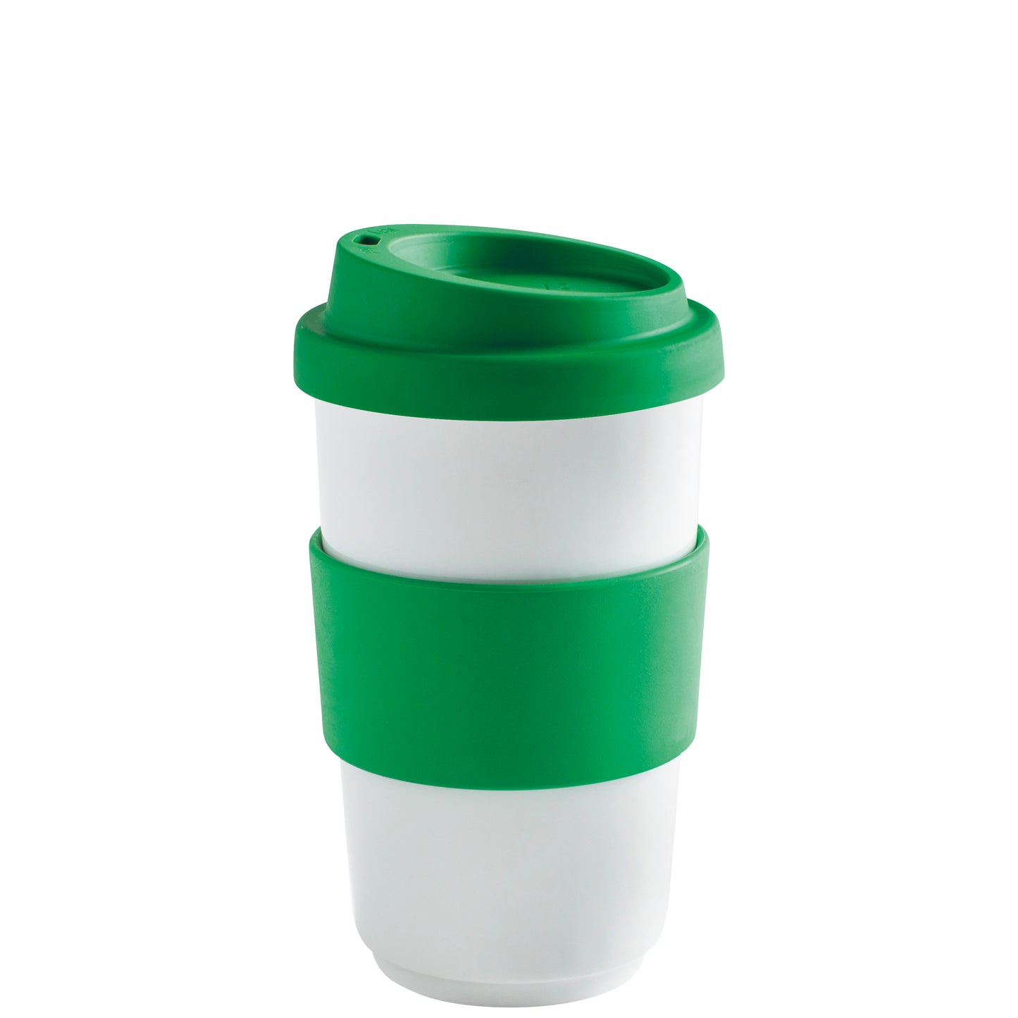 Weiße Tasse mit grünem Deckel.