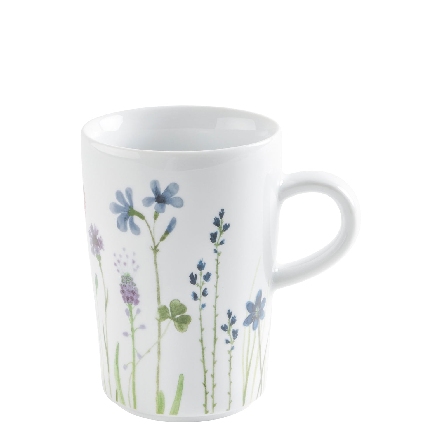 Weiße Tasse mit Blumenmuster.