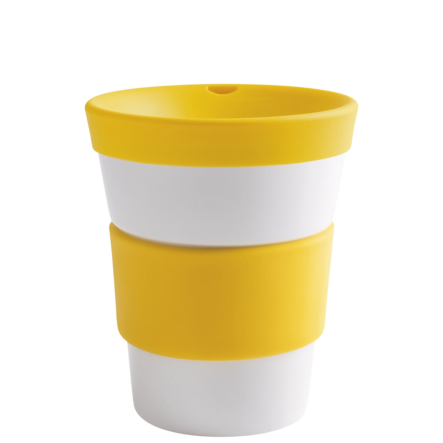 Gelber und weißer Kaffeebecher.