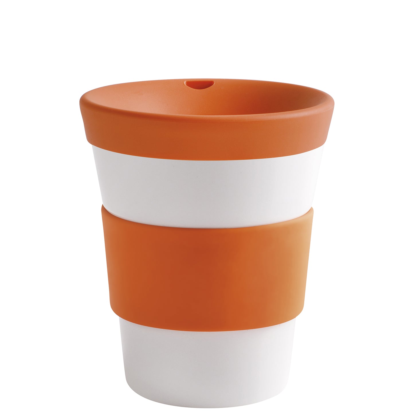 Orange-weißer Becher mit Deckel.