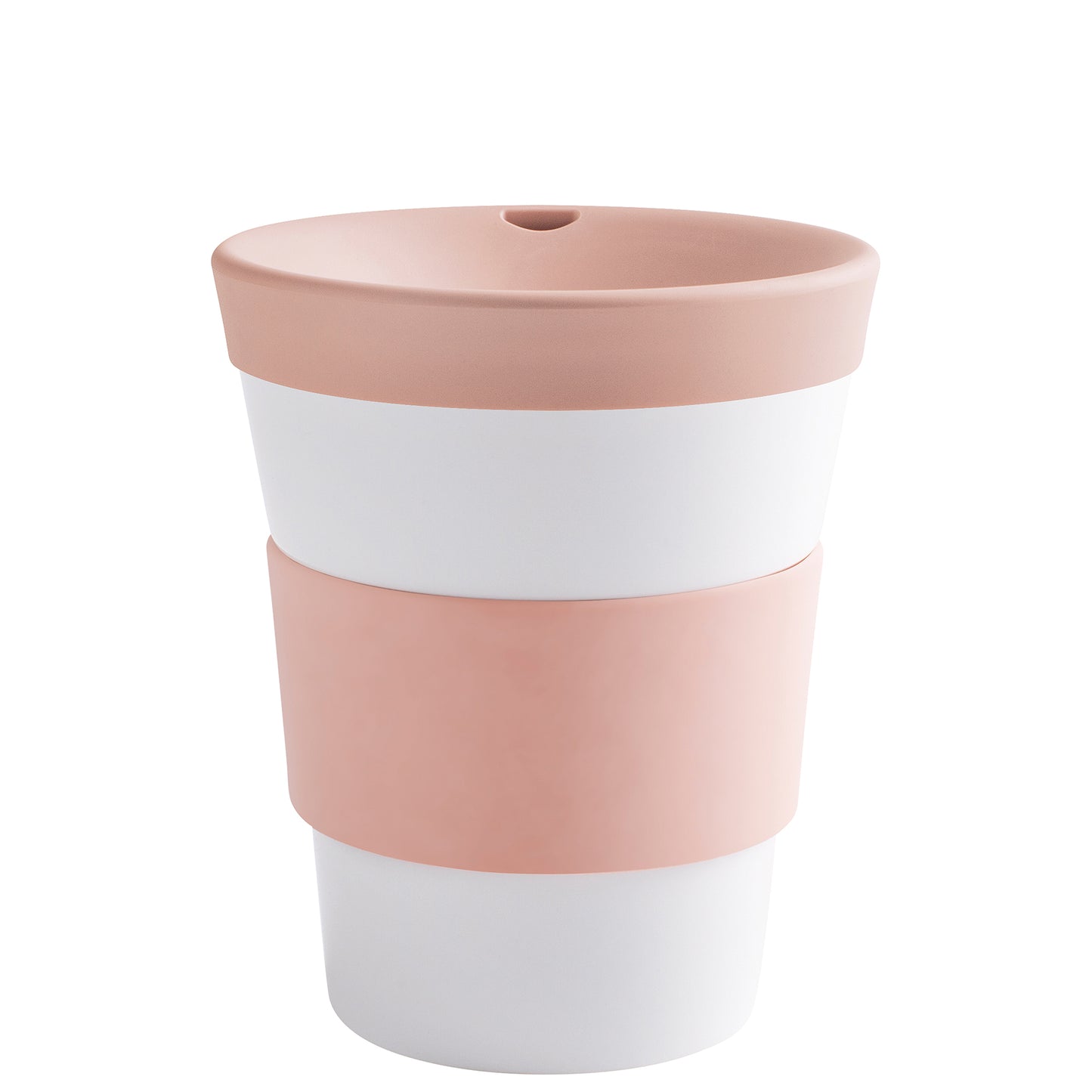 Rosa-weißer Becher mit Deckel.