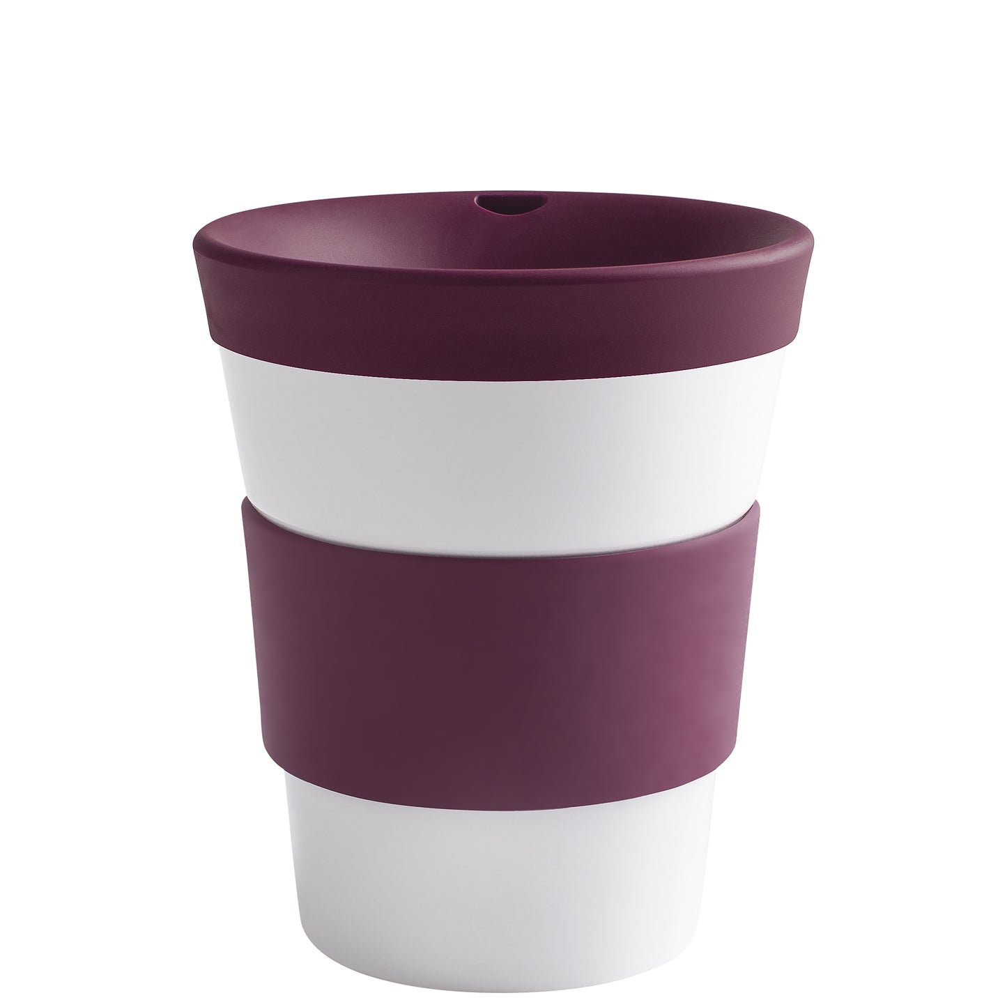 Lila-weißer Becher mit Deckel.