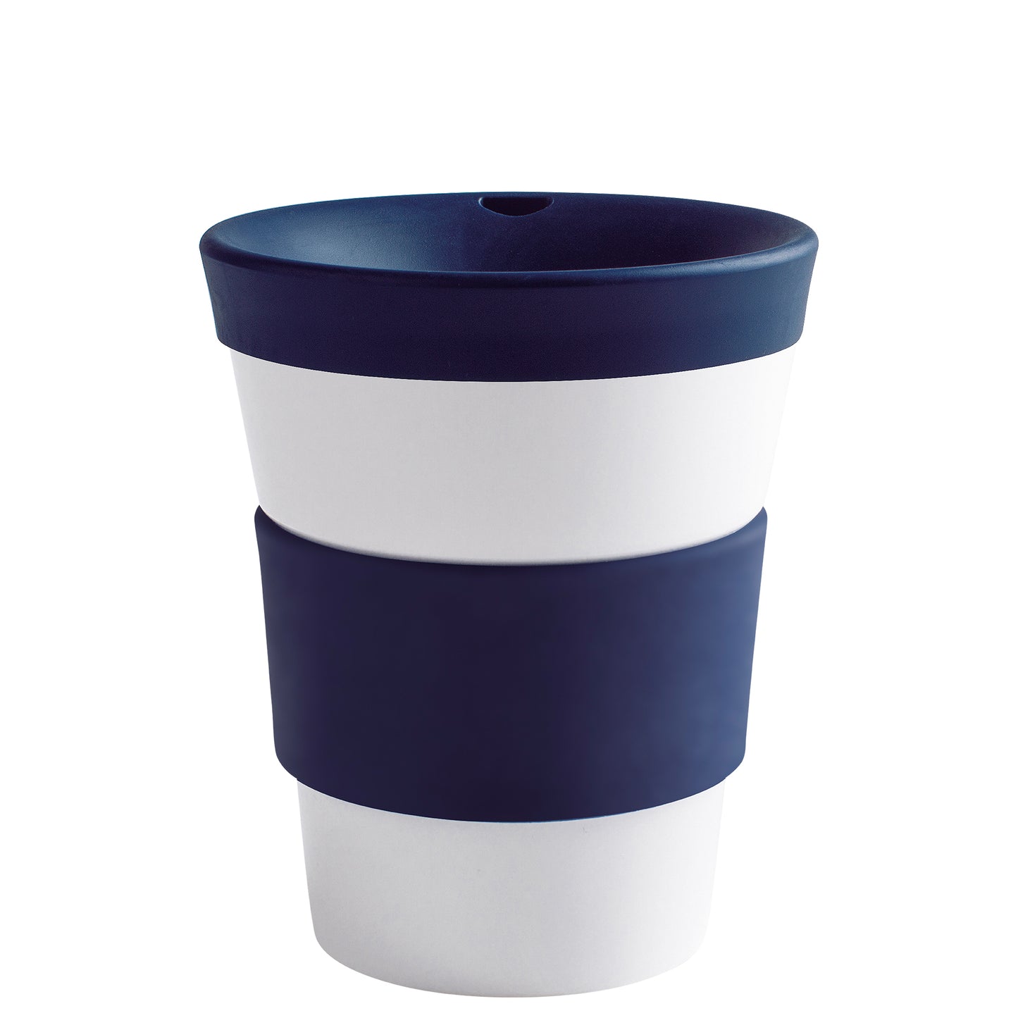 Weißer Becher mit blauem Deckel.