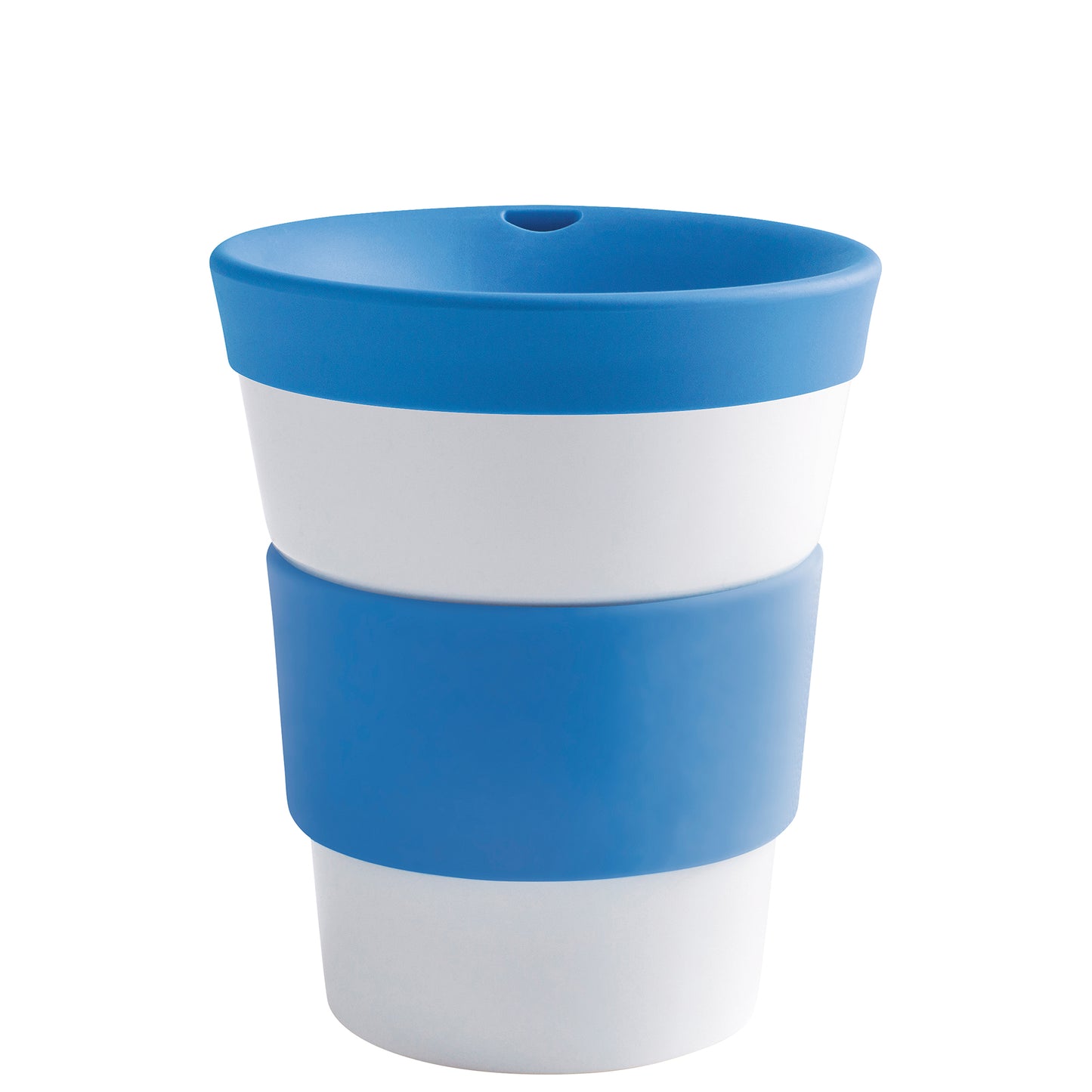 Blauer und weißer Kaffeebecher.