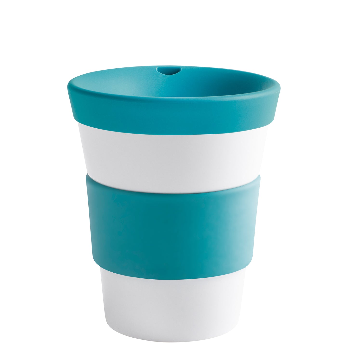Mehrfarbiger Becher mit Deckel.