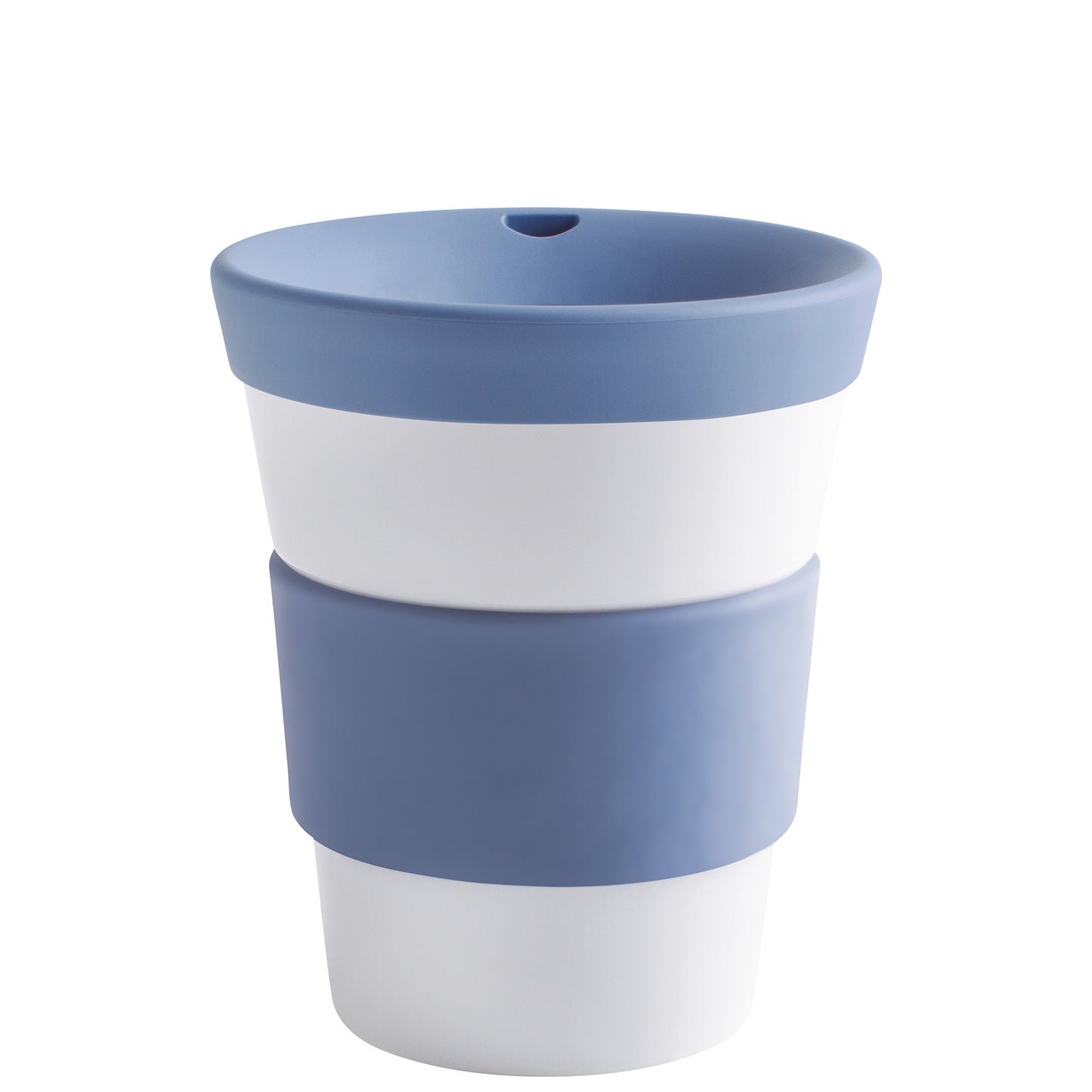 Blauer und weißer Kaffeebecher.