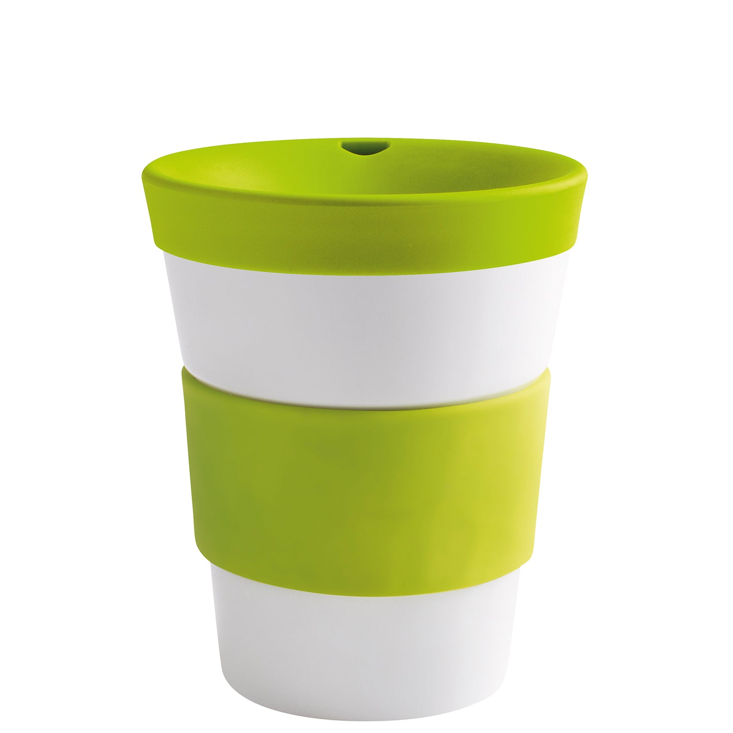 Grüner Mehrwegbecher mit Deckel.