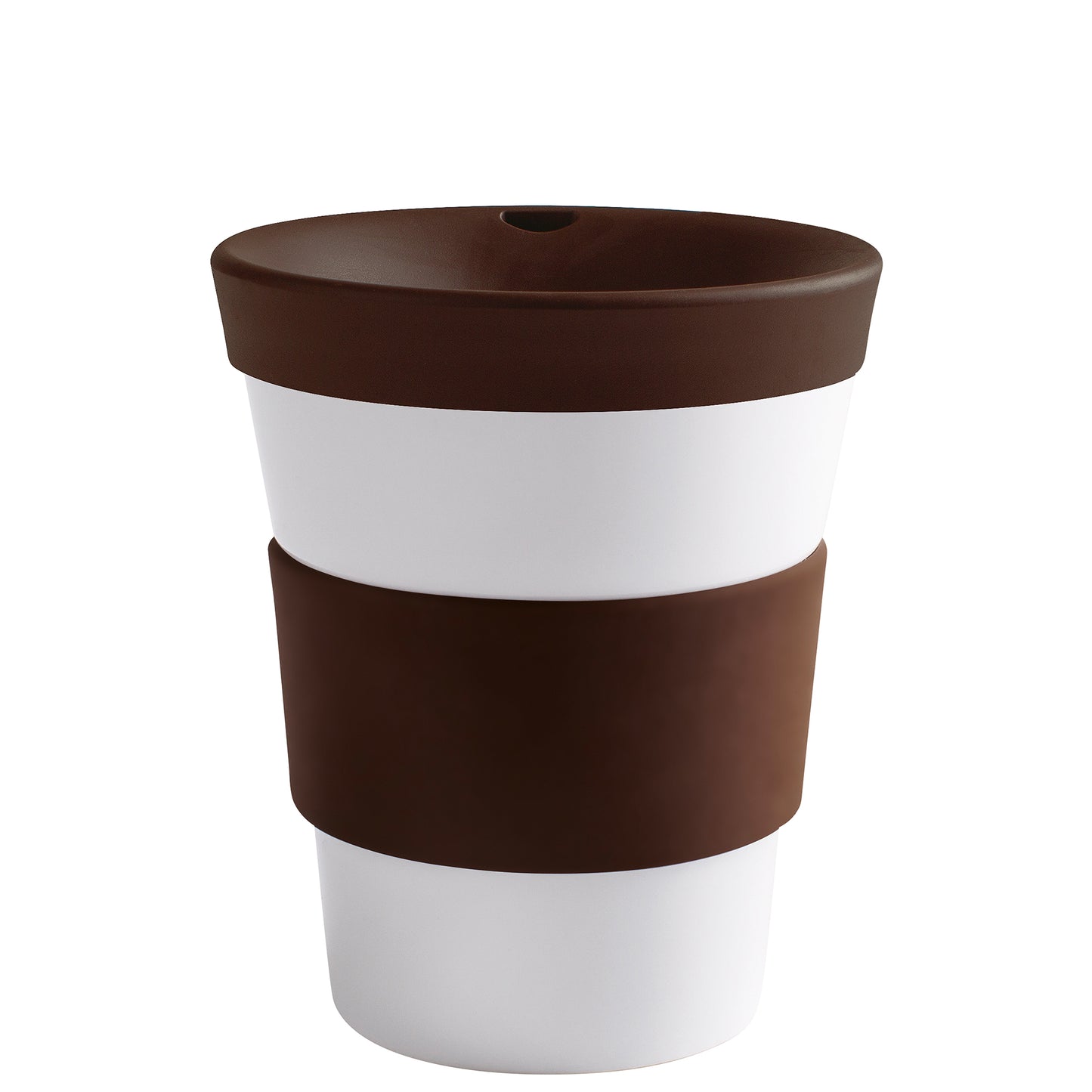 Weißer Becher mit braunem Deckel.