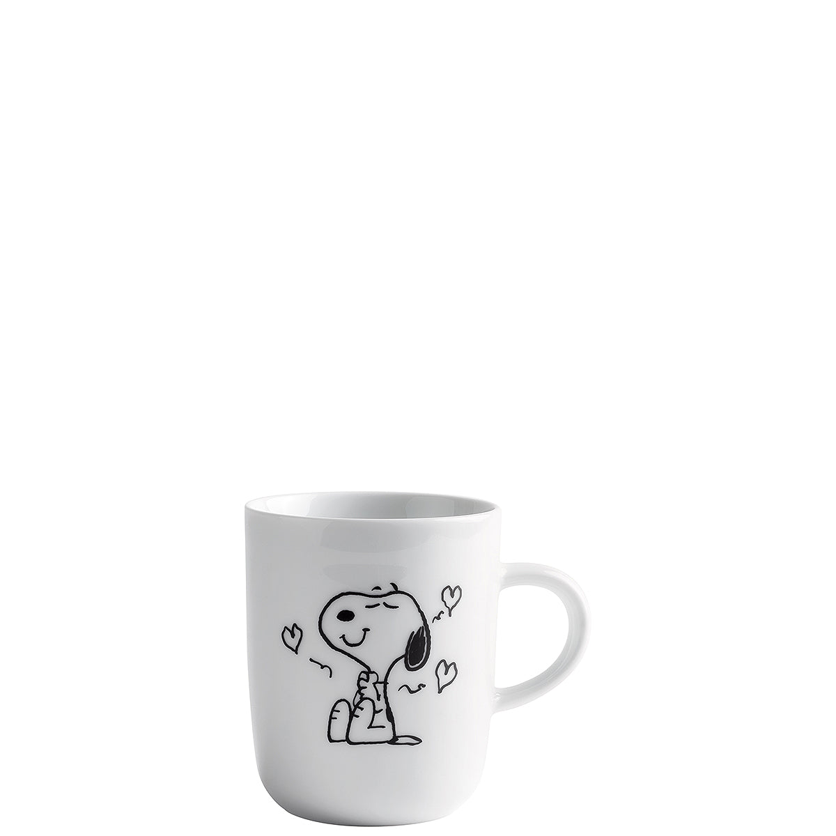 Weiße Tasse mit Snoopy-Motiv.