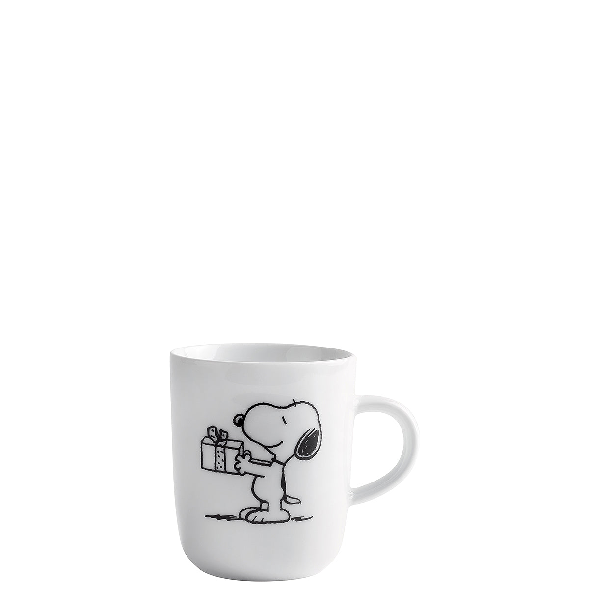 Weiße Tasse mit Snoopy-Motiv.