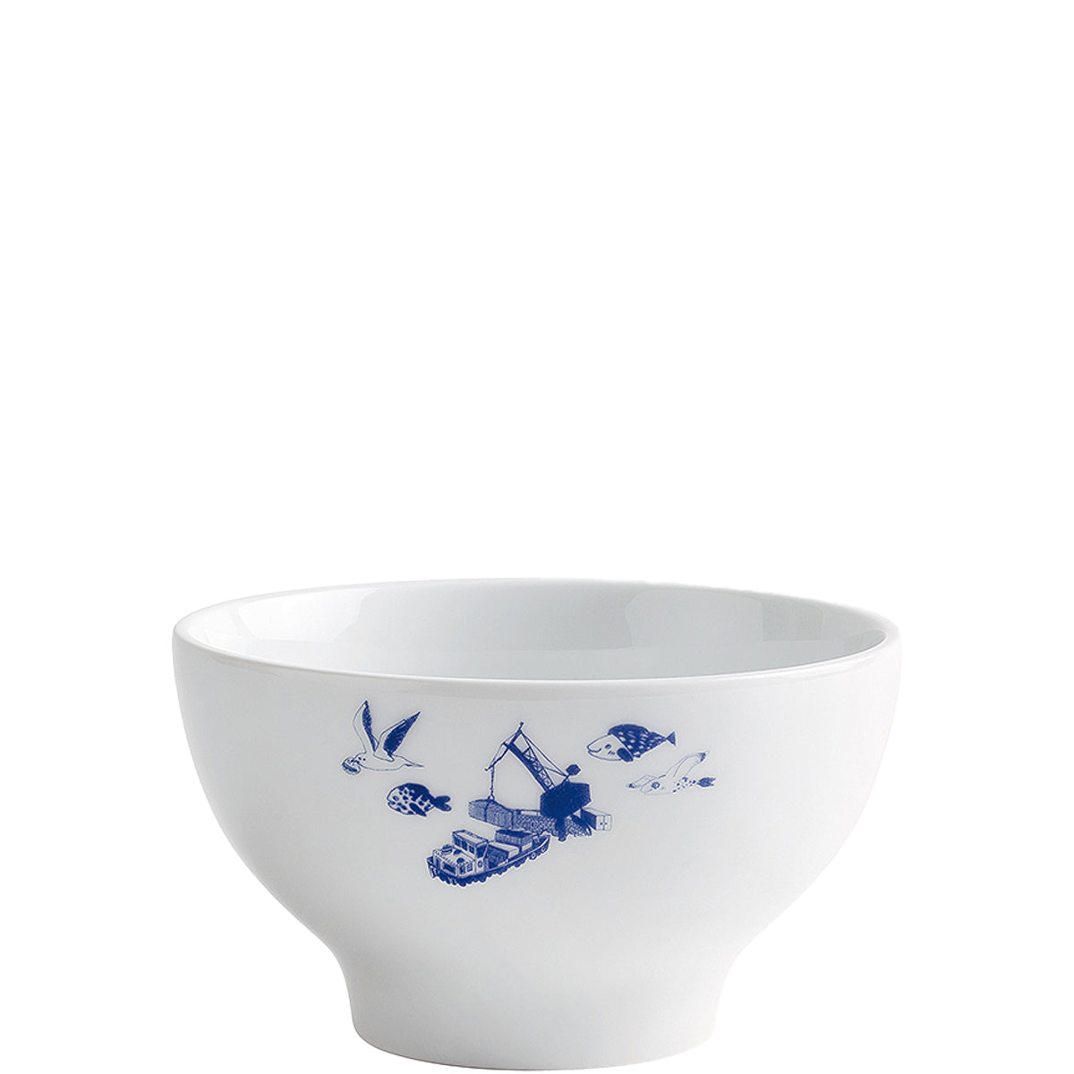 Weiße Schüssel mit blauen Motiven.