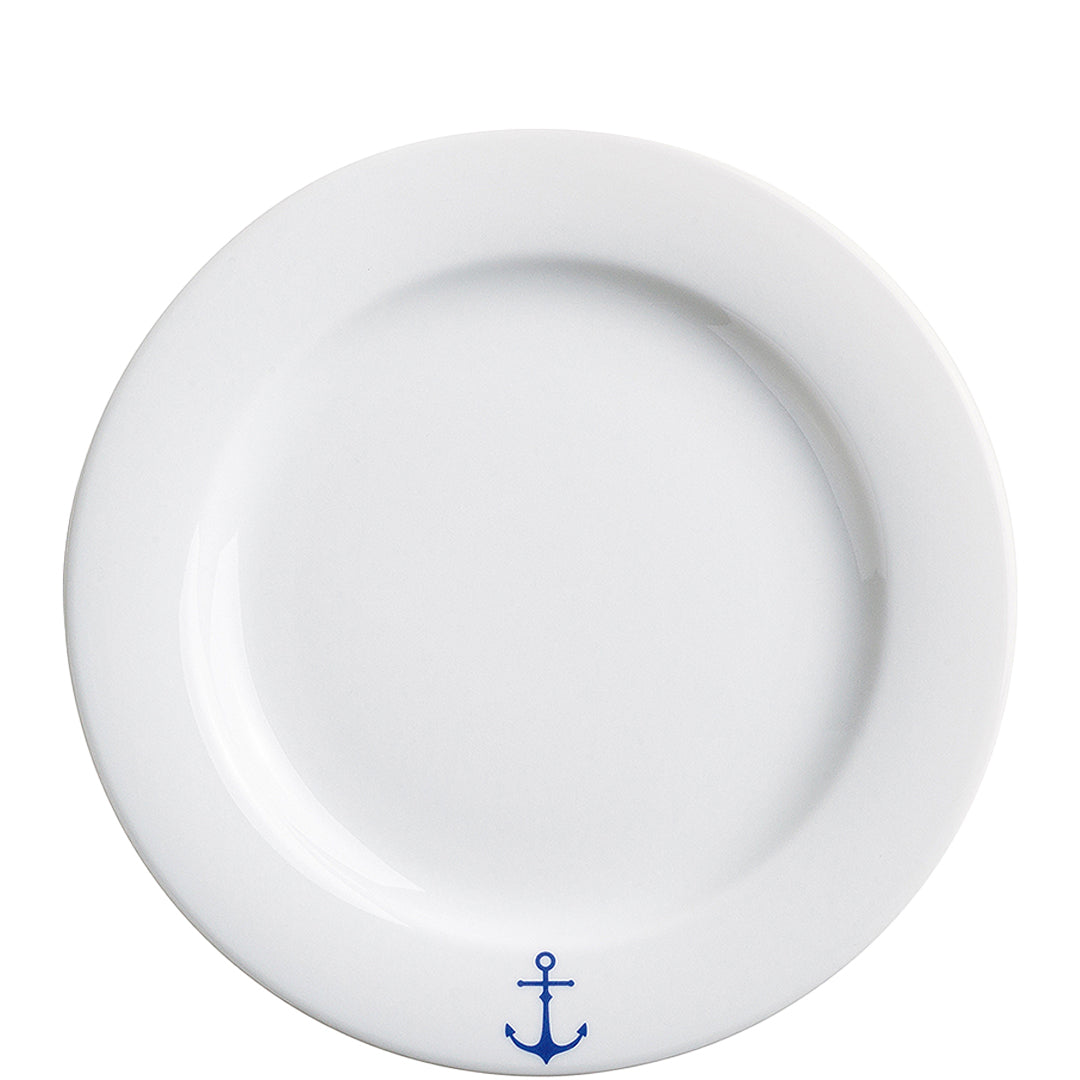 Weißer Teller mit blauem Anker.