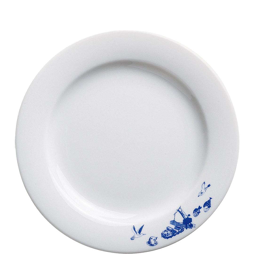 Weißer Teller mit blauem Muster.